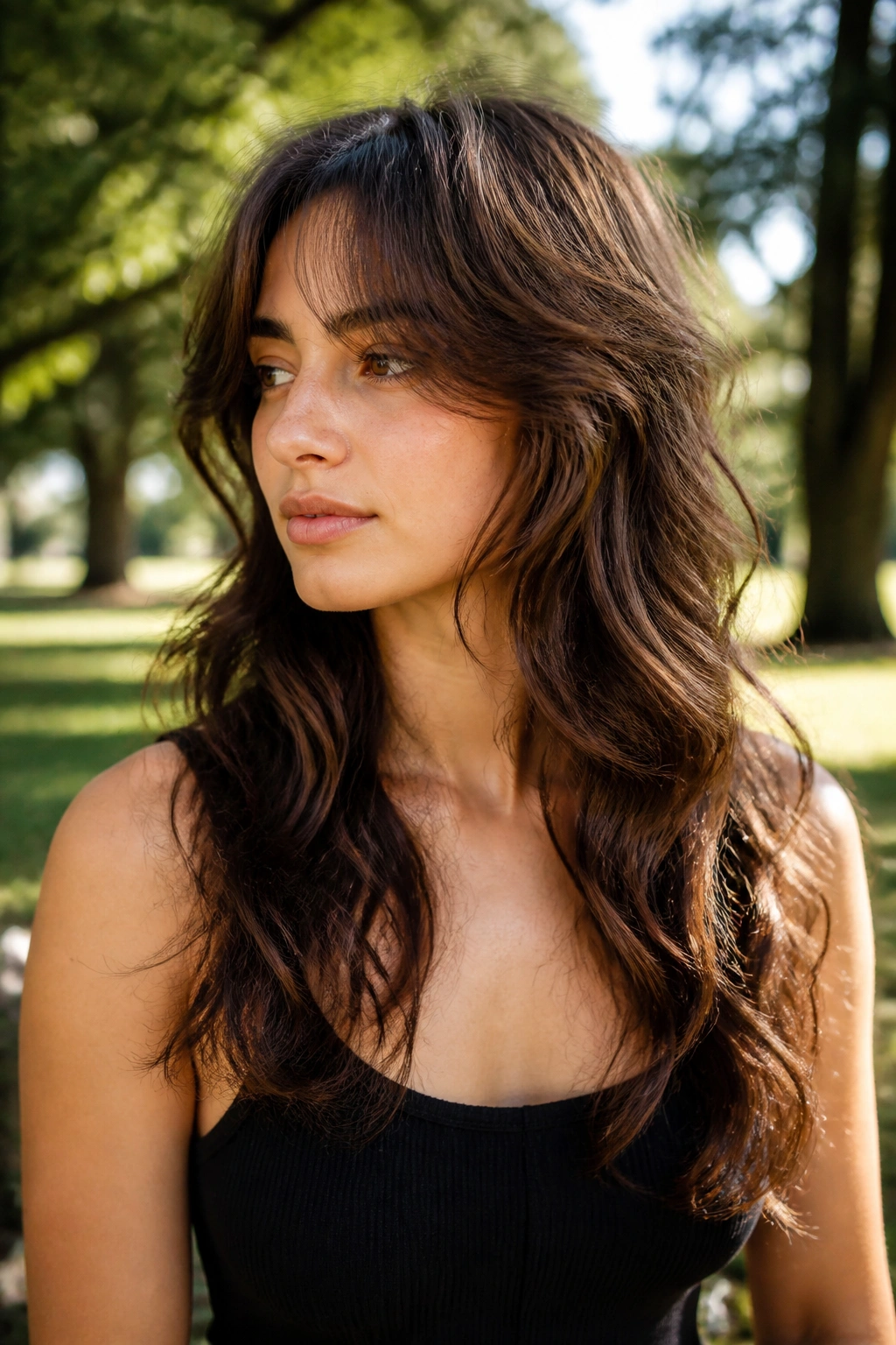 Portrait of a real woman with a soft wolf cut on long wavy hair