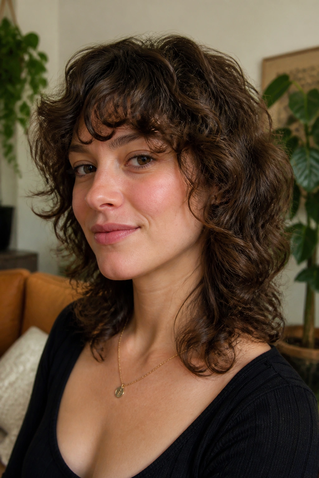 Portrait of a woman with a soft wolf cut on loose curls