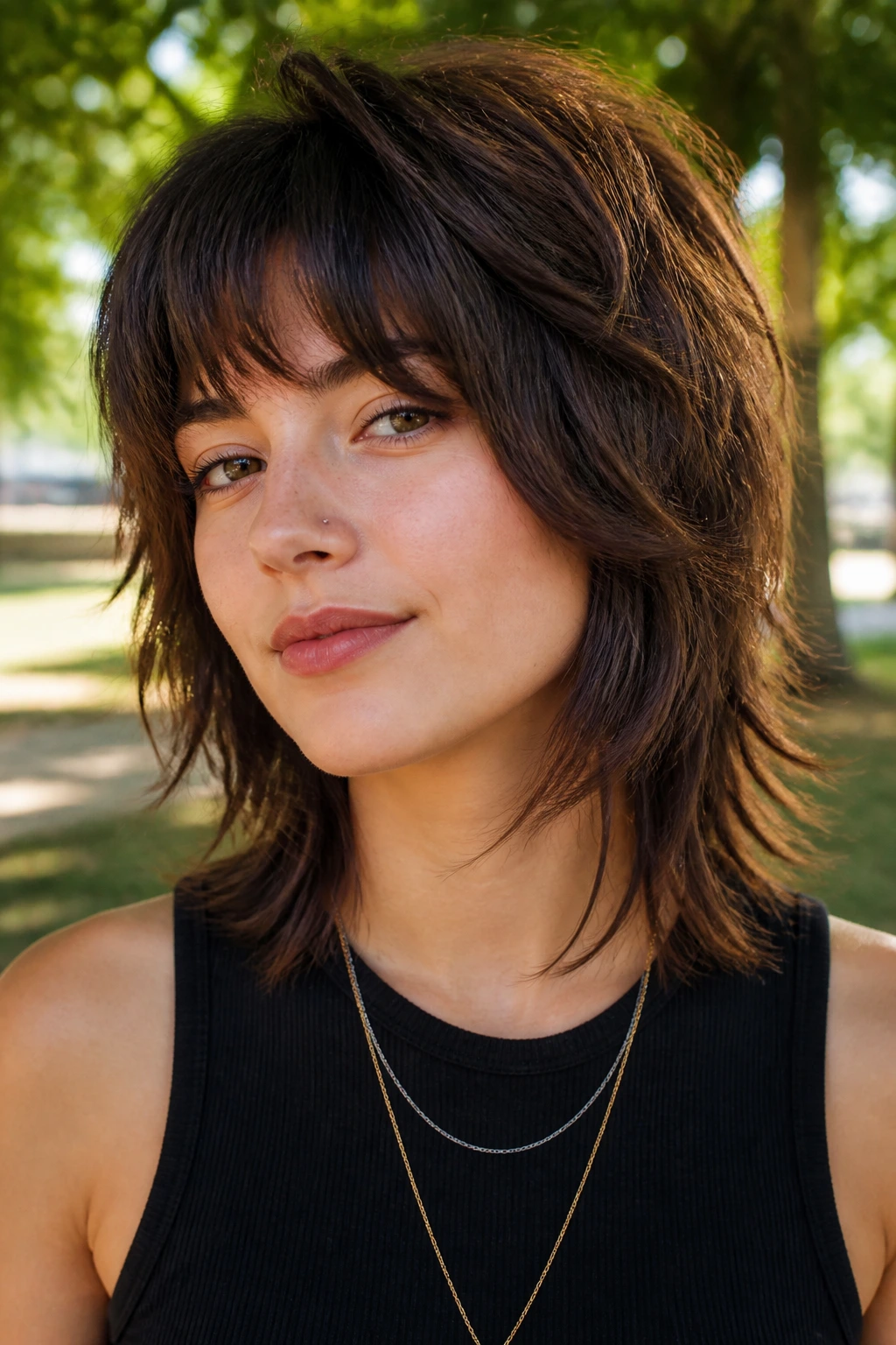 Portrait of a woman with soft wolf cut for medium hair