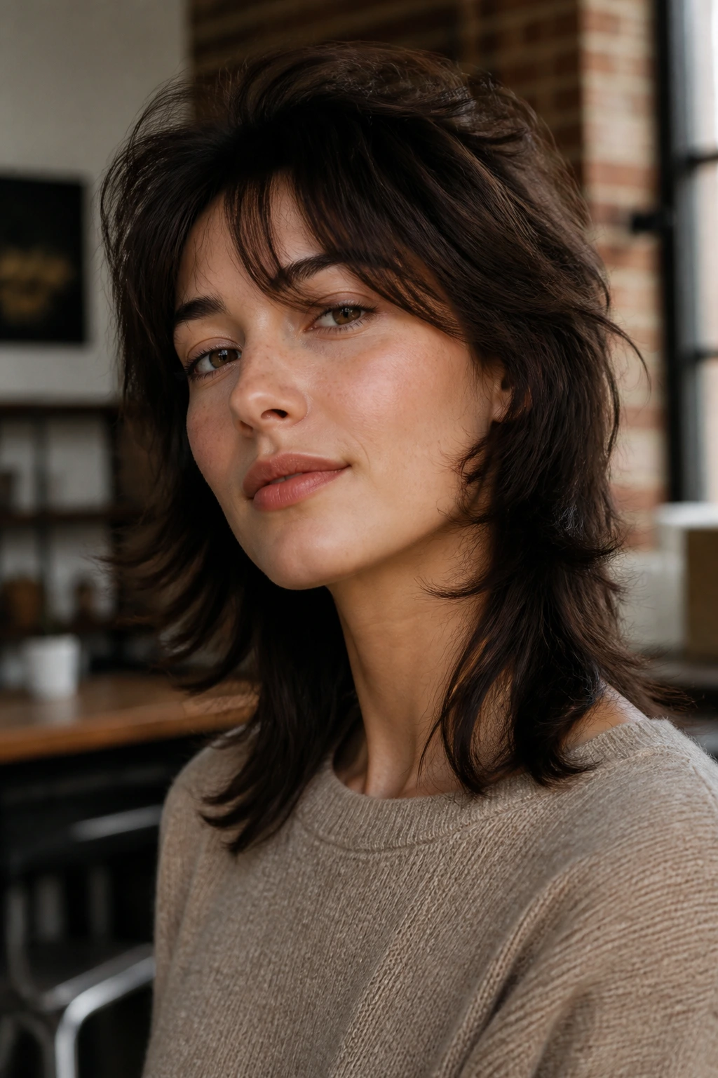 Close-up of a real woman with a soft wolf cut at medium length.