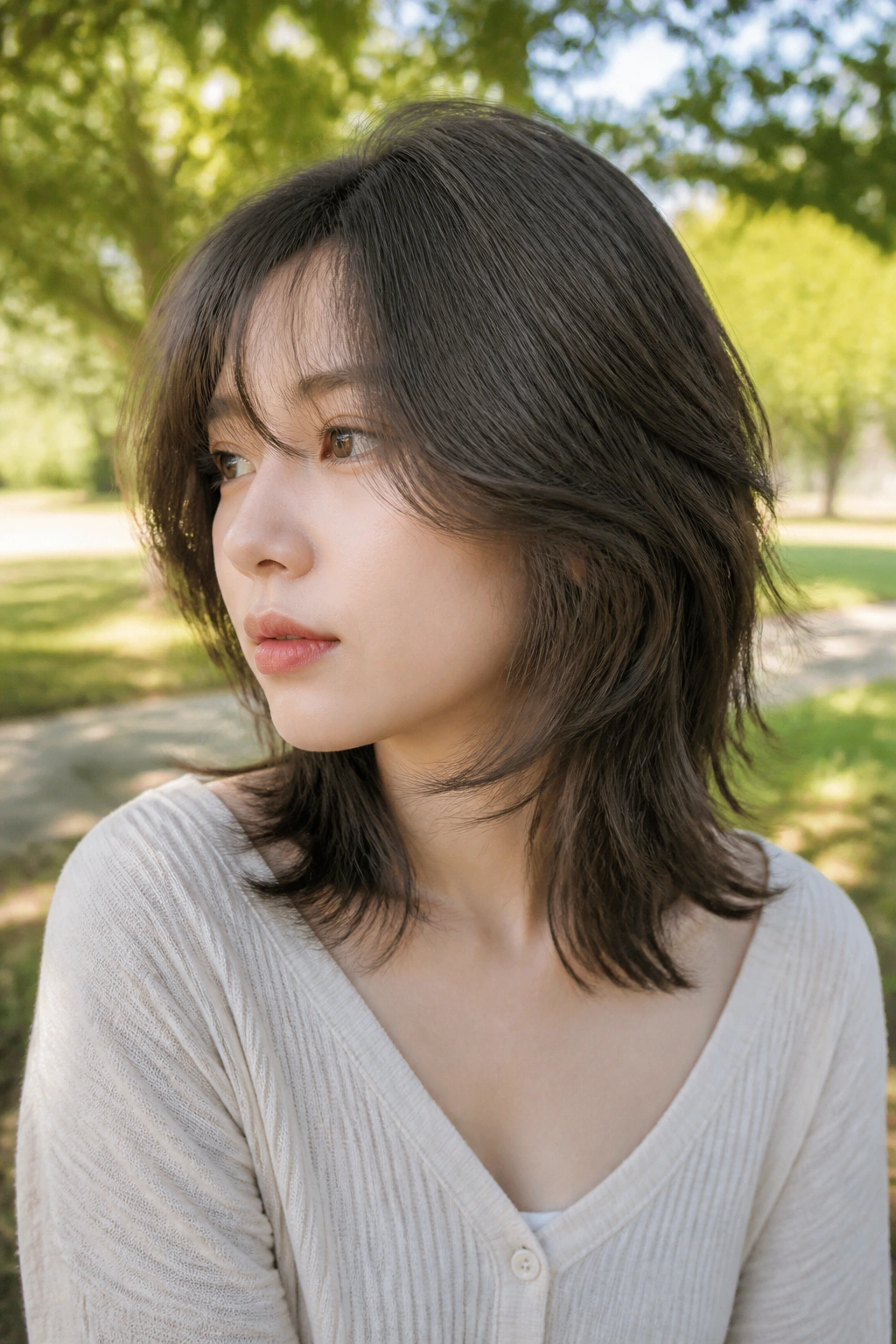 Real woman with soft wolf cut on medium-length hair outdoors