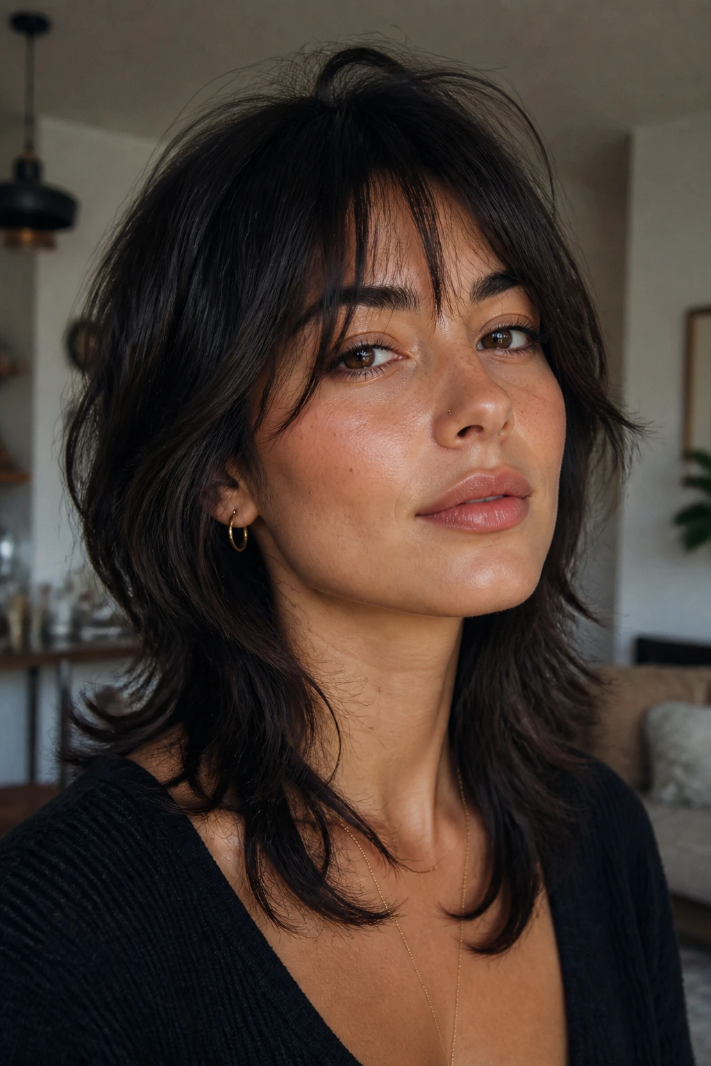 Close-up of a real woman with a soft wolf cut and face-framing layers.