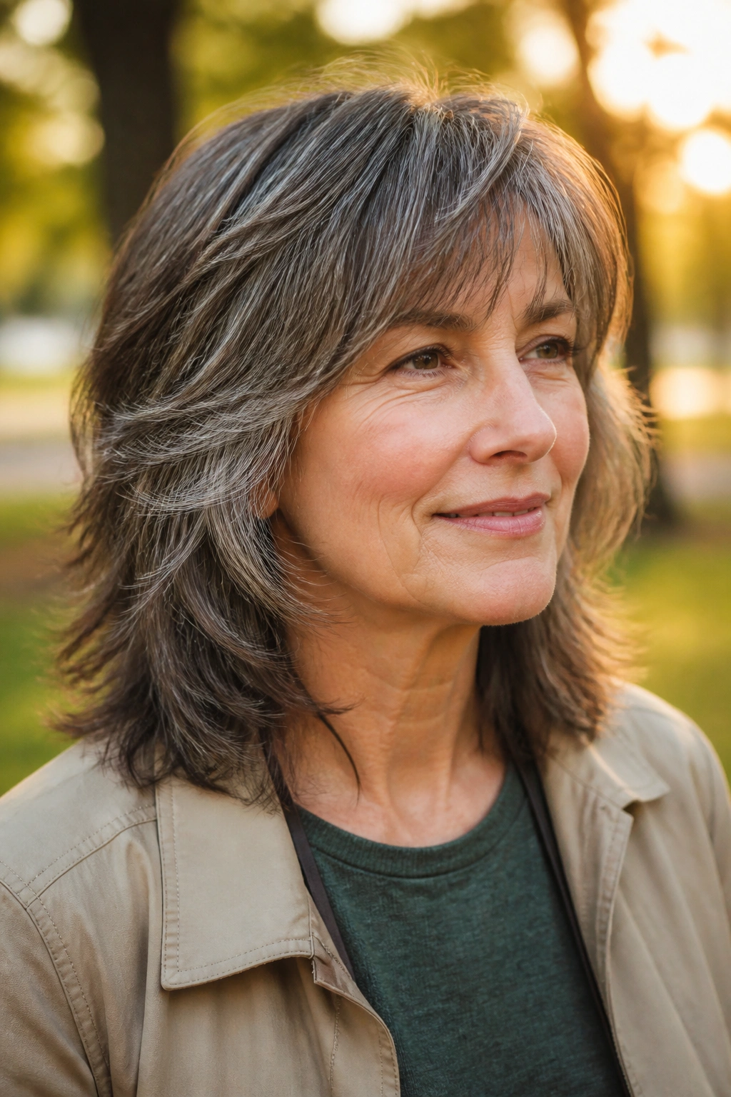 Close-up of woman with soft wolf cut in park light