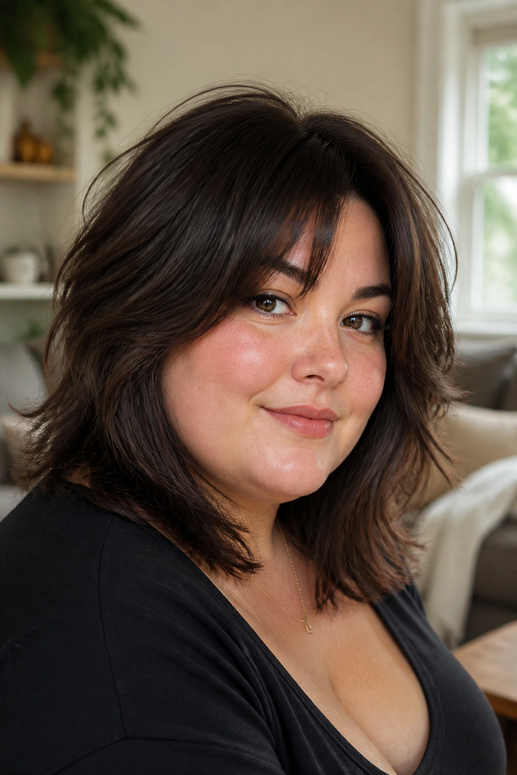 Close-up portrait of a real woman with a soft everyday wolf cut in warm daylight