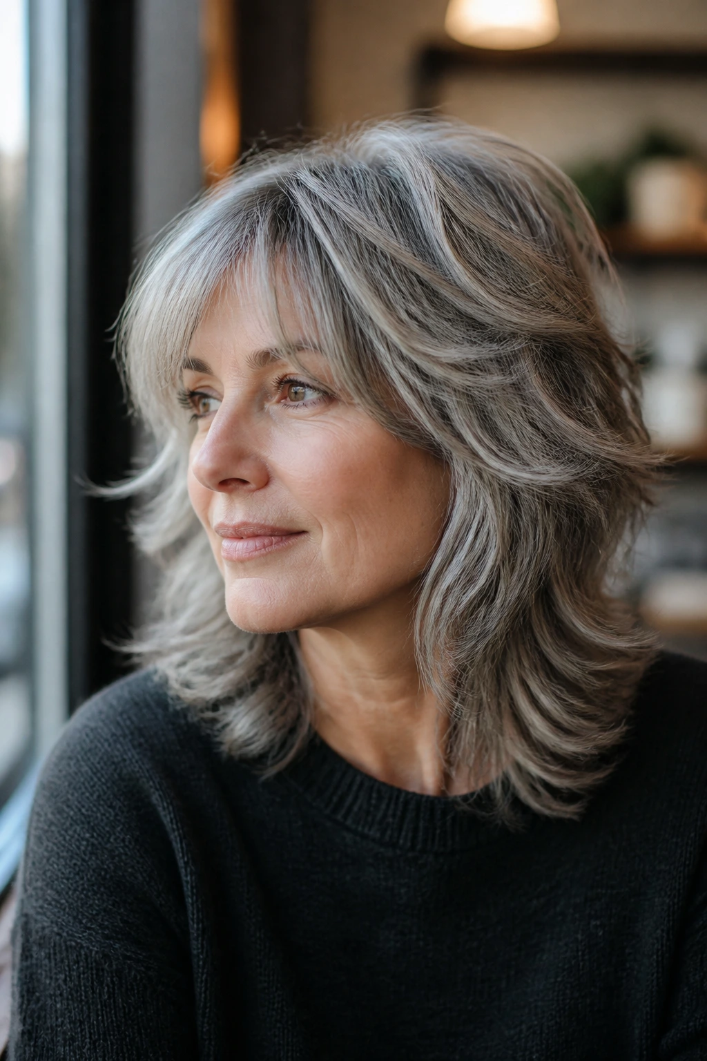 Close-up of a real woman with a soft wolf cut and gray hair in a cafe setting.