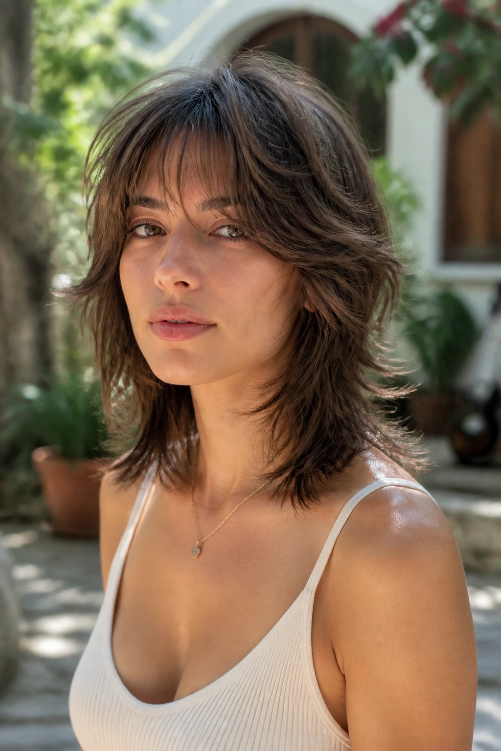 Real woman with soft wolf cut kept light