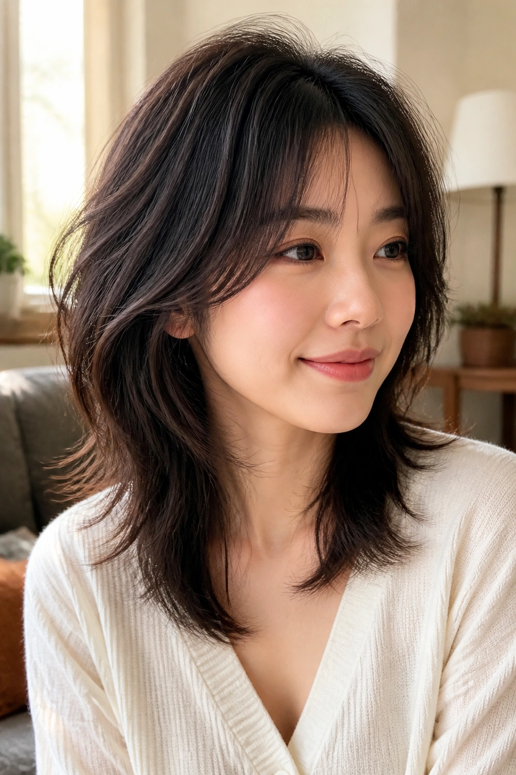 Close-up of a real woman with a Soft Wolf Cut hairstyle in a warm living room.