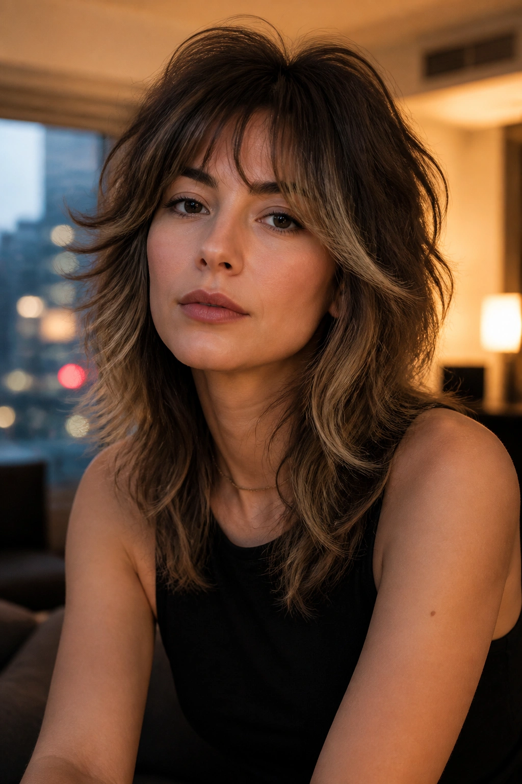 Close-up portrait of a real woman with a soft wolf cut hairstyle.