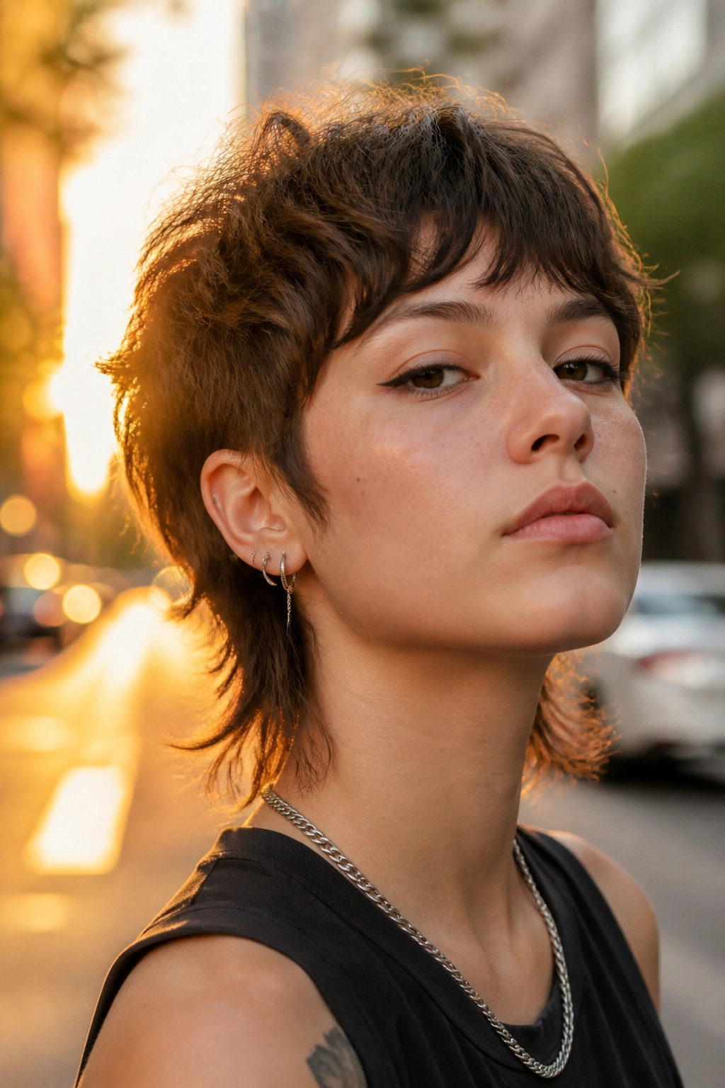 Close-up portrait of a real person with a short soft wolf cut in golden hour light