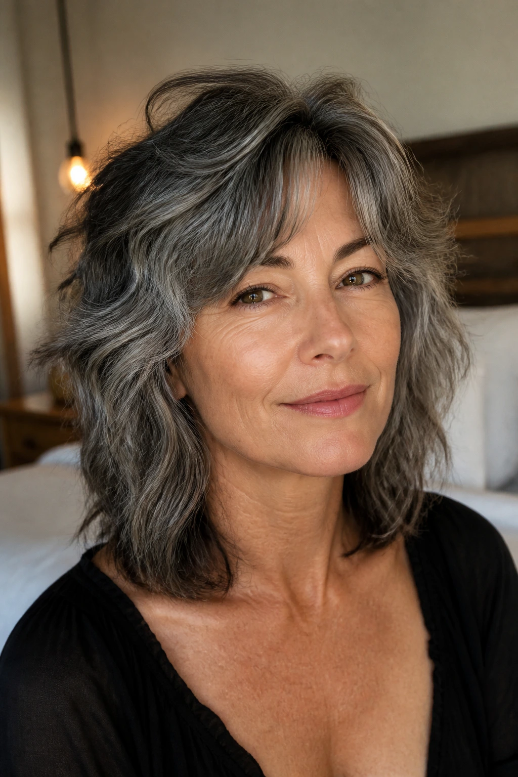 Close-up portrait of a real woman with a shoulder-length soft wolf cut and gray-silver hair in warm window light