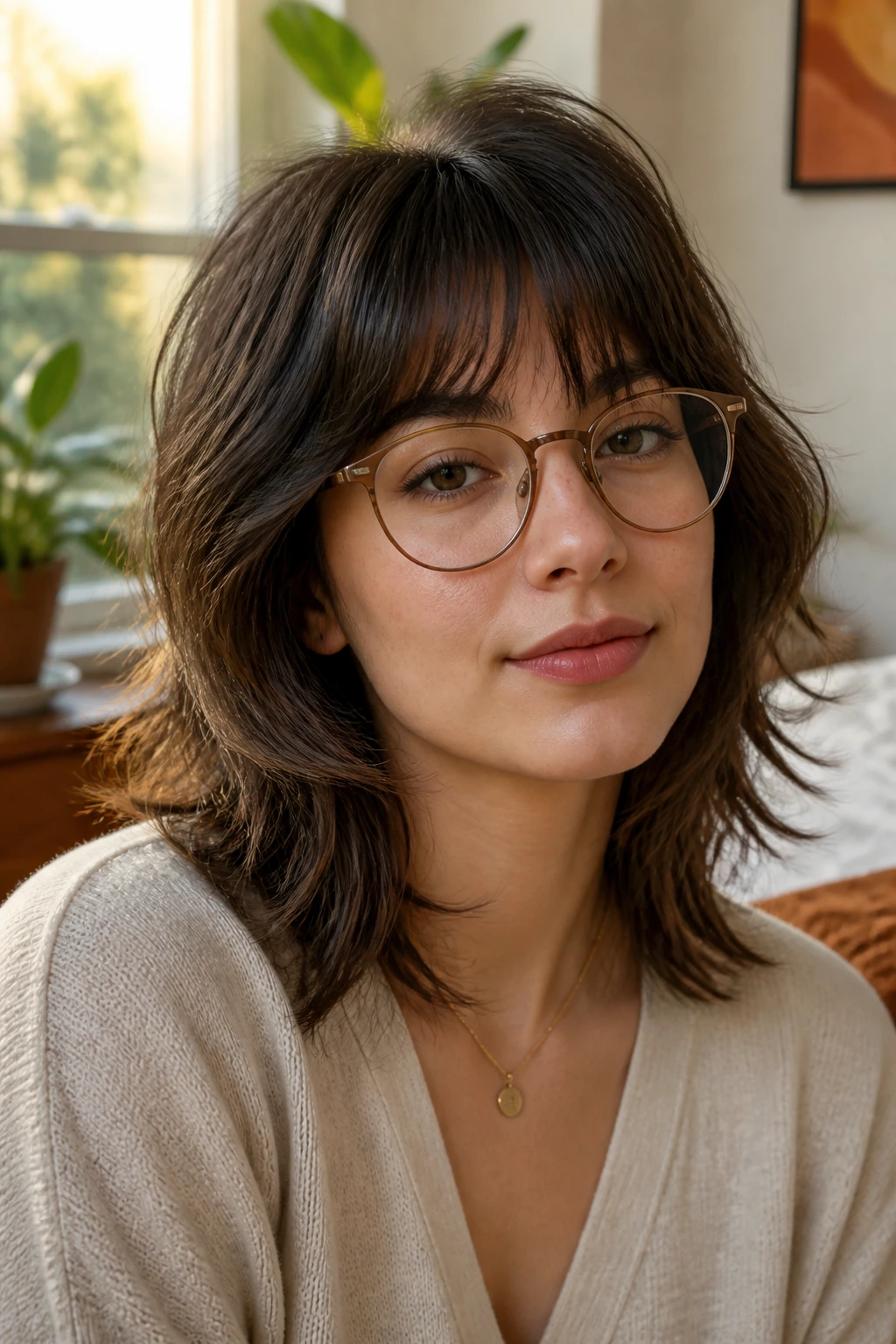 Close-up of a person with a soft wolf cut and textured hair wearing glasses.