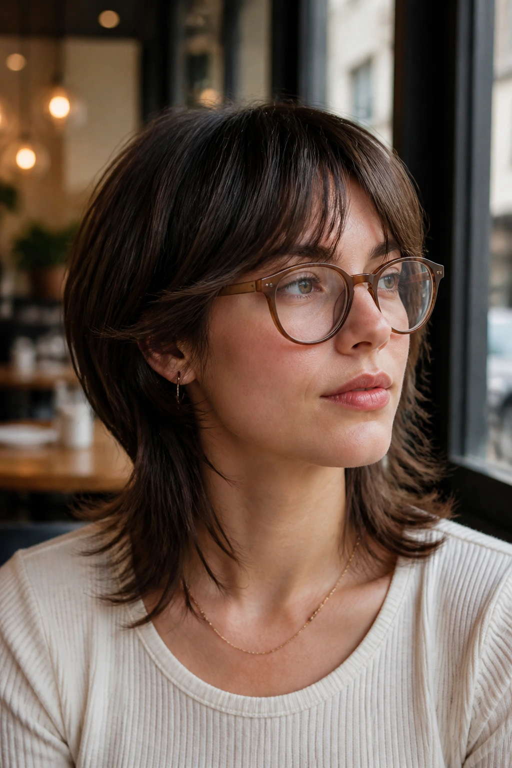 Close-up of a real person with soft tucked-in wolf cut and glasses in a warm interior