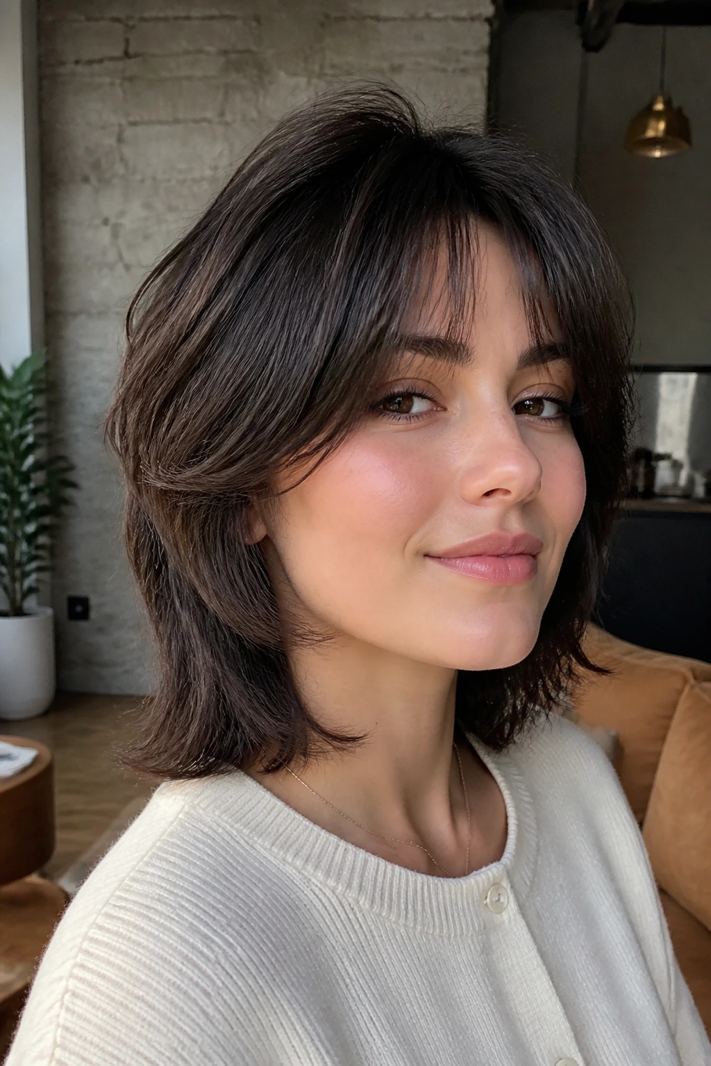 Woman with soft wolf cut showing lifted top and gentle face framing.