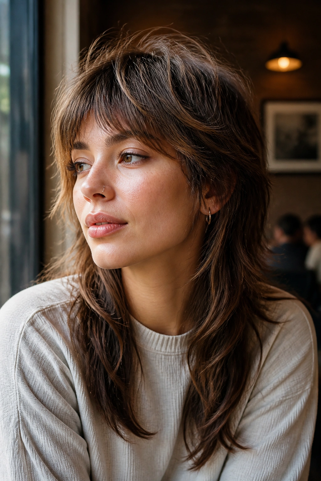 Close-up of a real woman with soft wolf mullet and gentle layers.