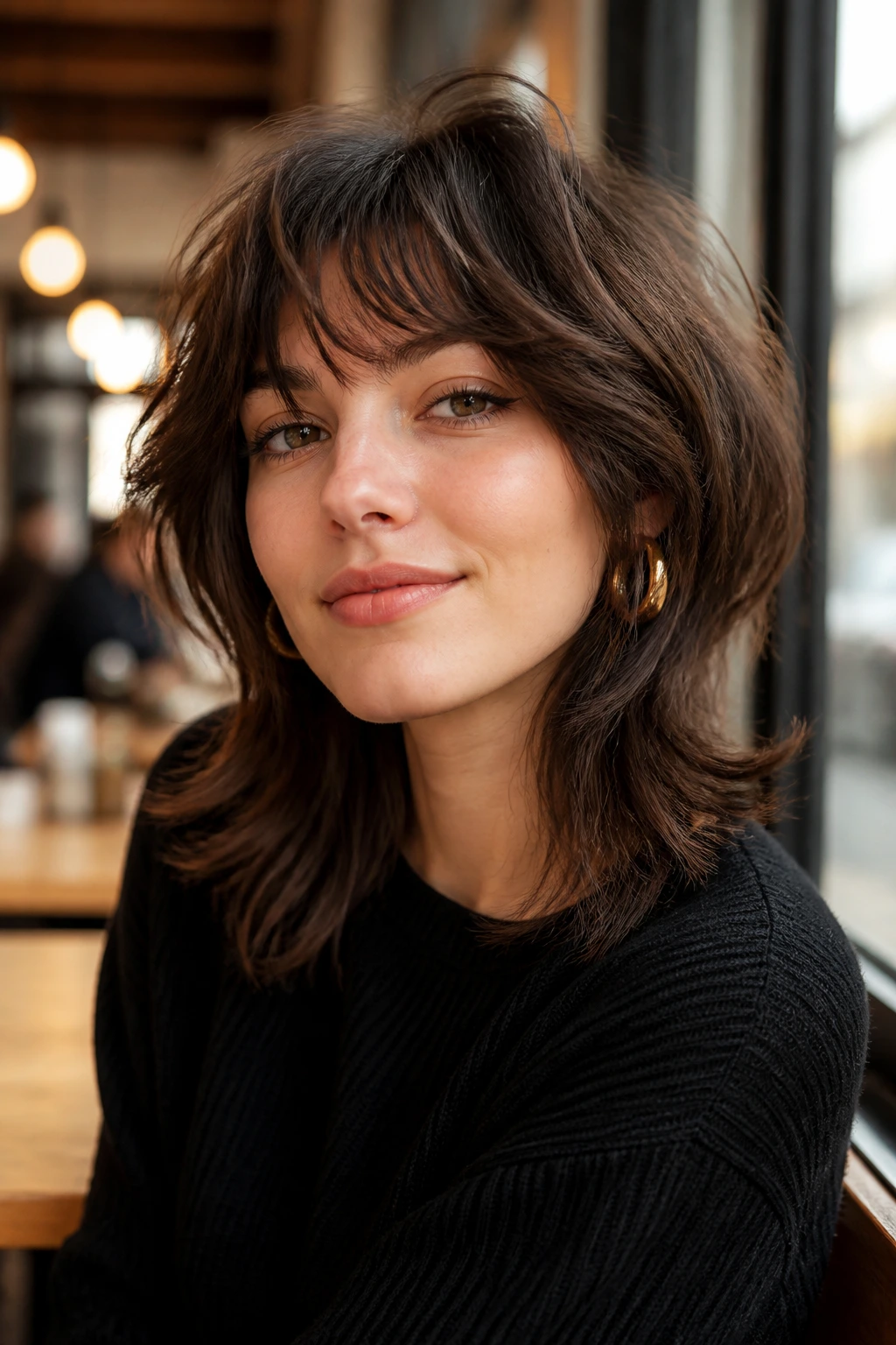 Close-up of a real person with a soft wolf-shag blend hairstyle, cafe setting
