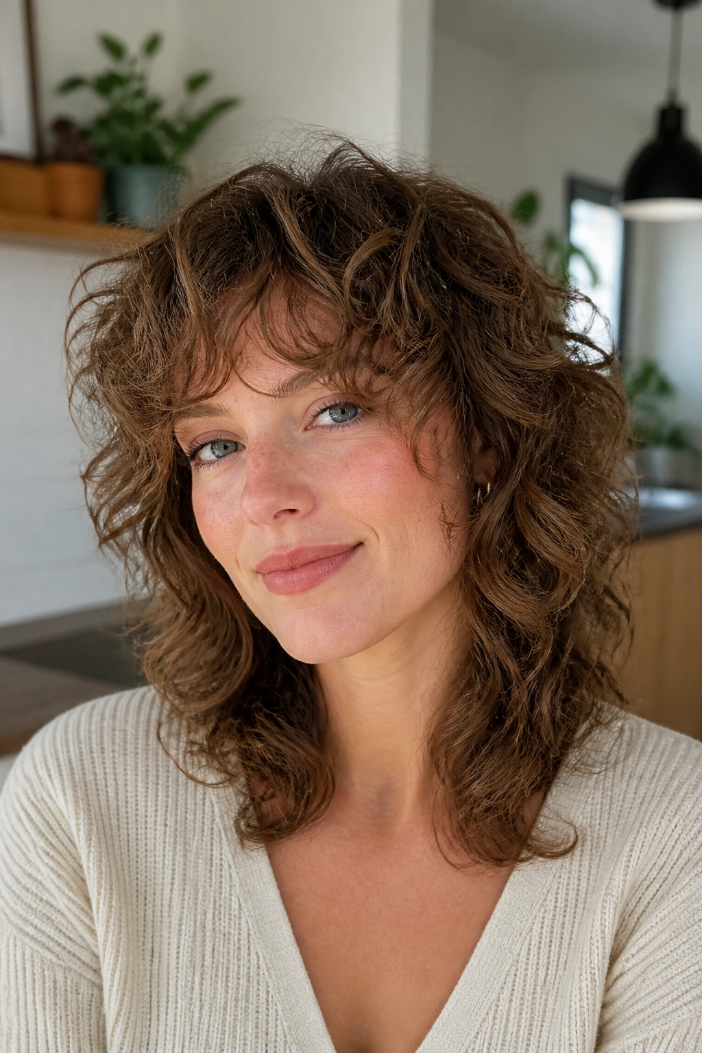 Close-up of a real person with a soft wolf shag on fine curls showing gentle layering.