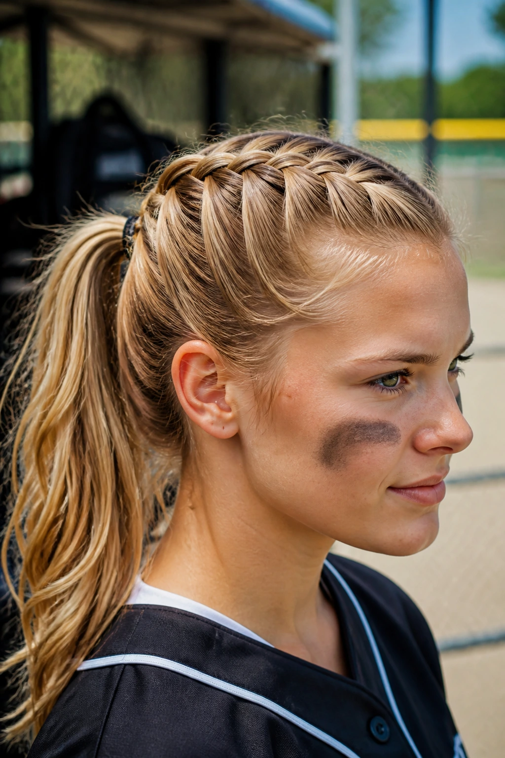 Close-up of softball player with a Dutch braid ponytail, crown braid visible