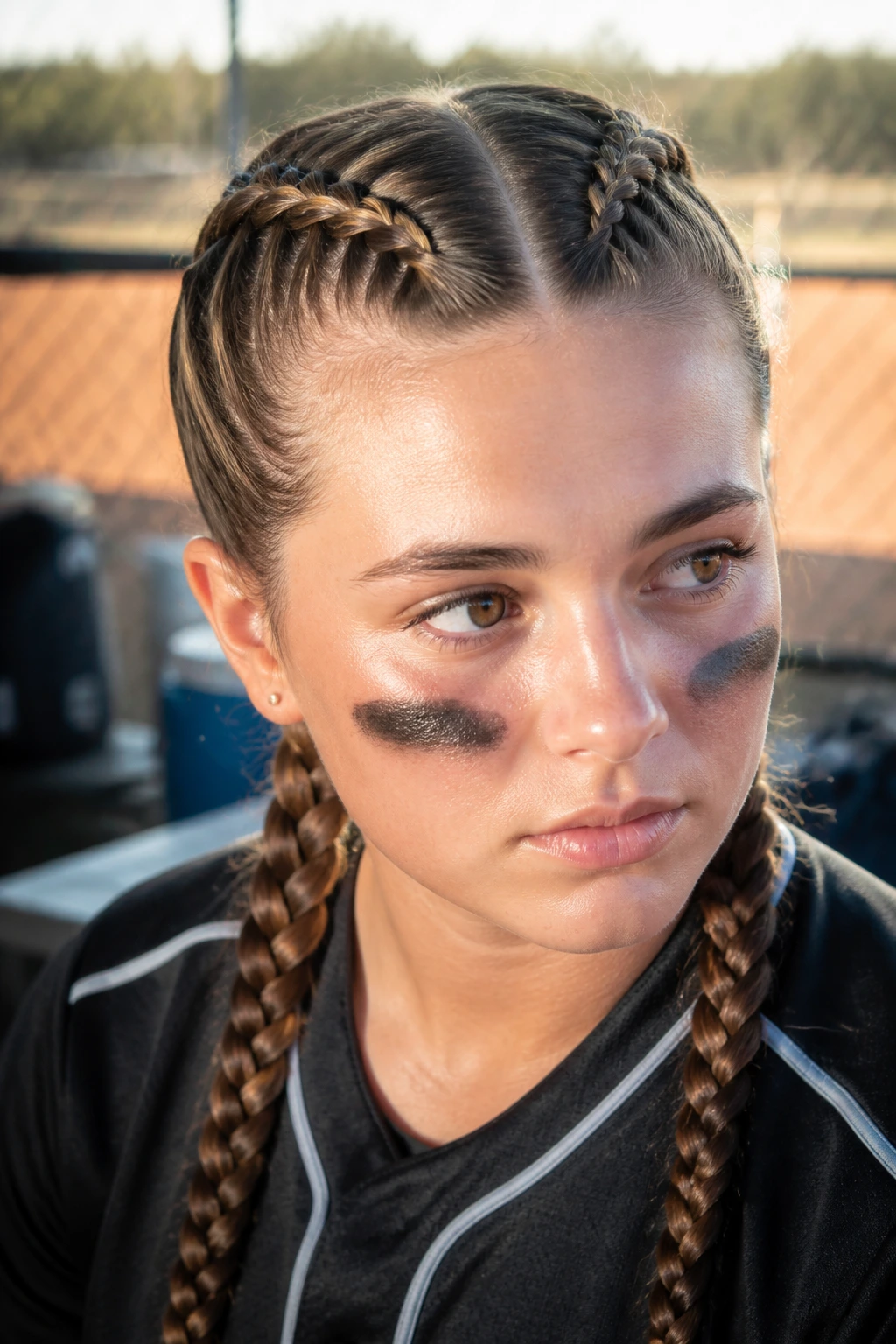 Close-up of player with two French braids flat to the head