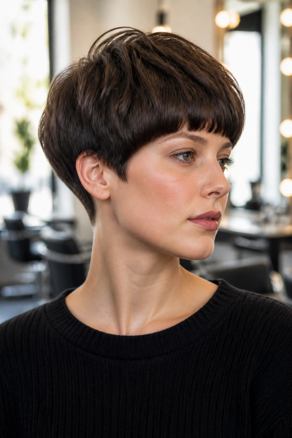 Close-up portrait of a woman with Softened Bowl Cut With Texture, rounded silhouette and textured ends.