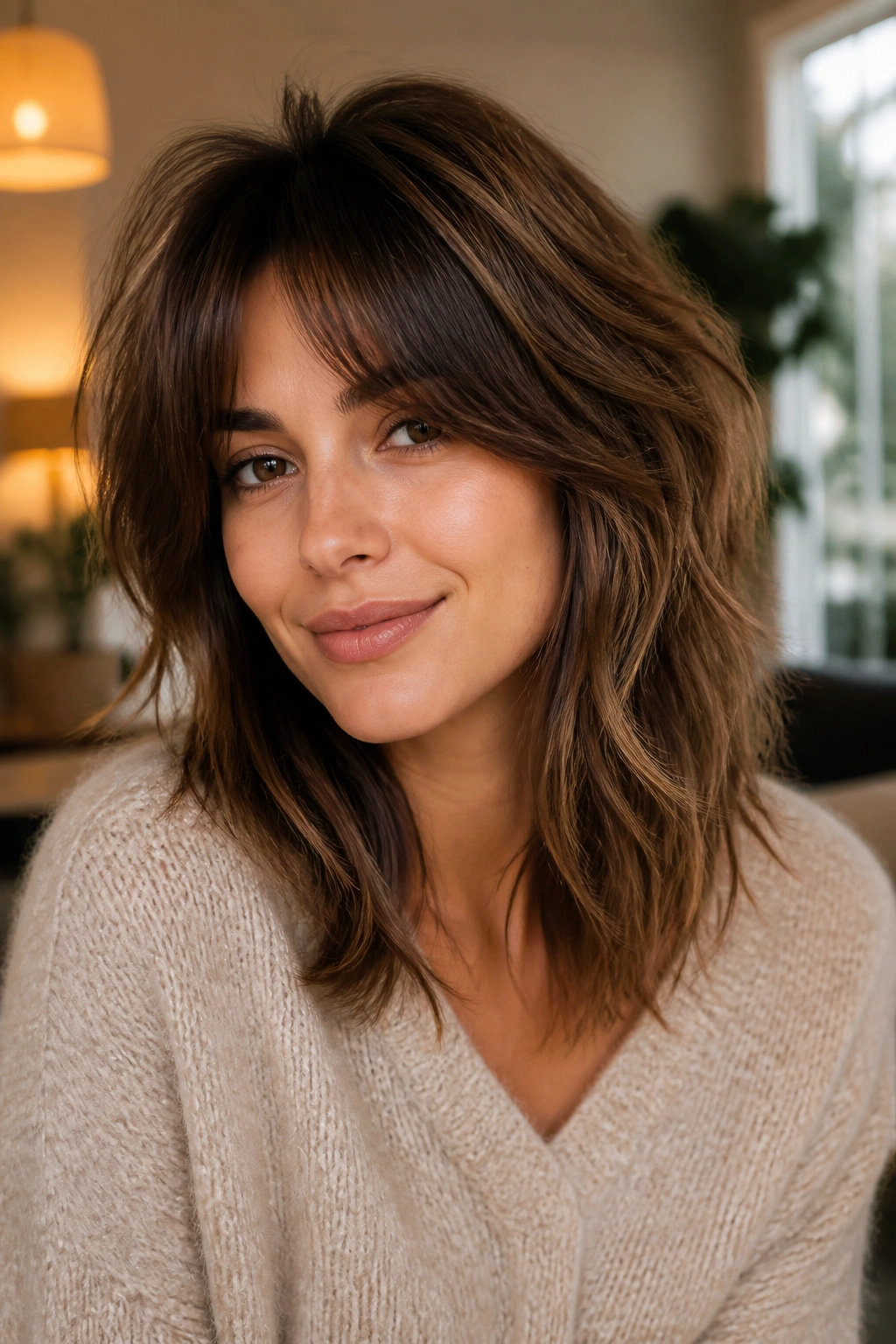 Woman with softer shag and airy crown layers in a cozy living room.