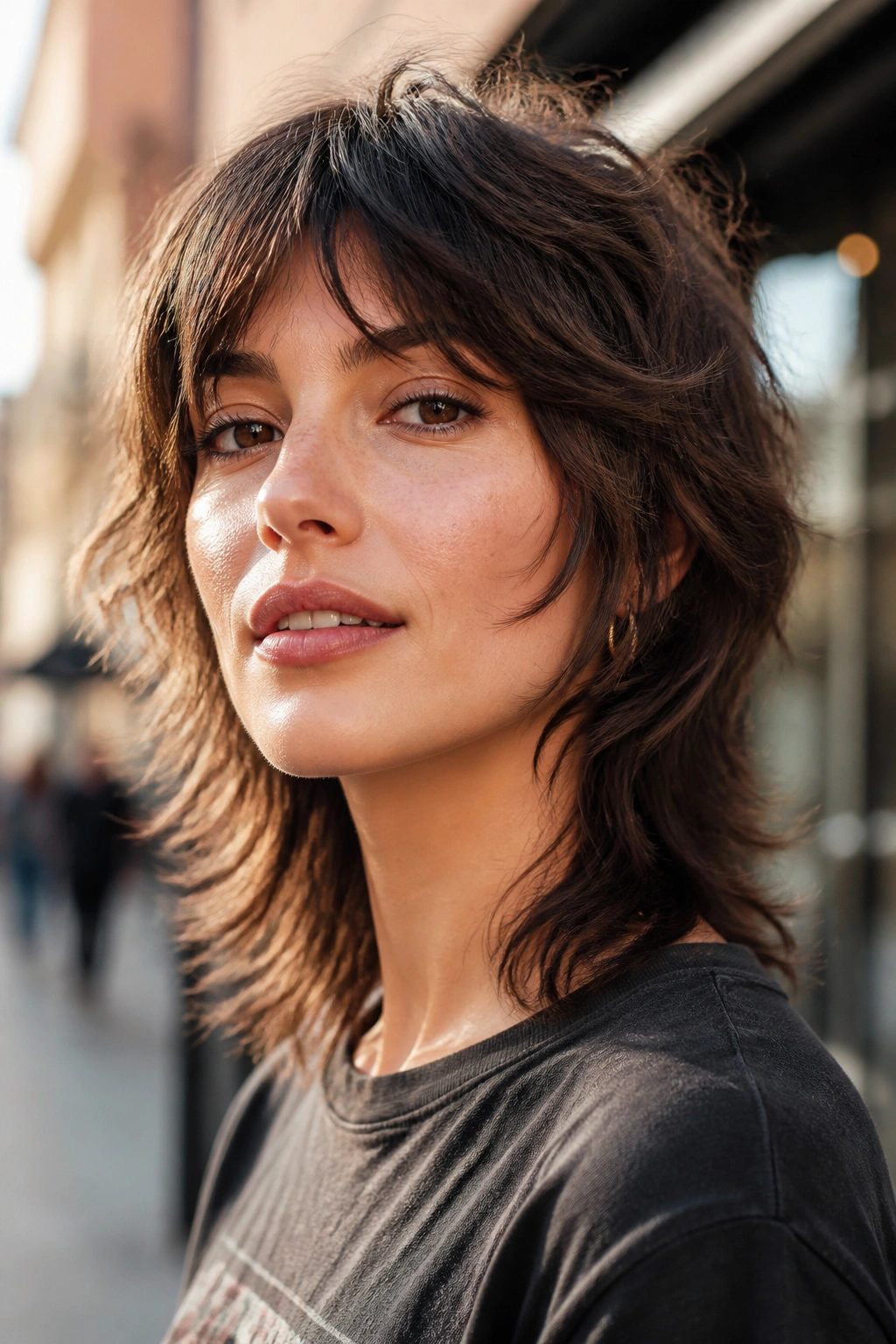 Close-up of a real person with a softer wolf cut in golden hour street light