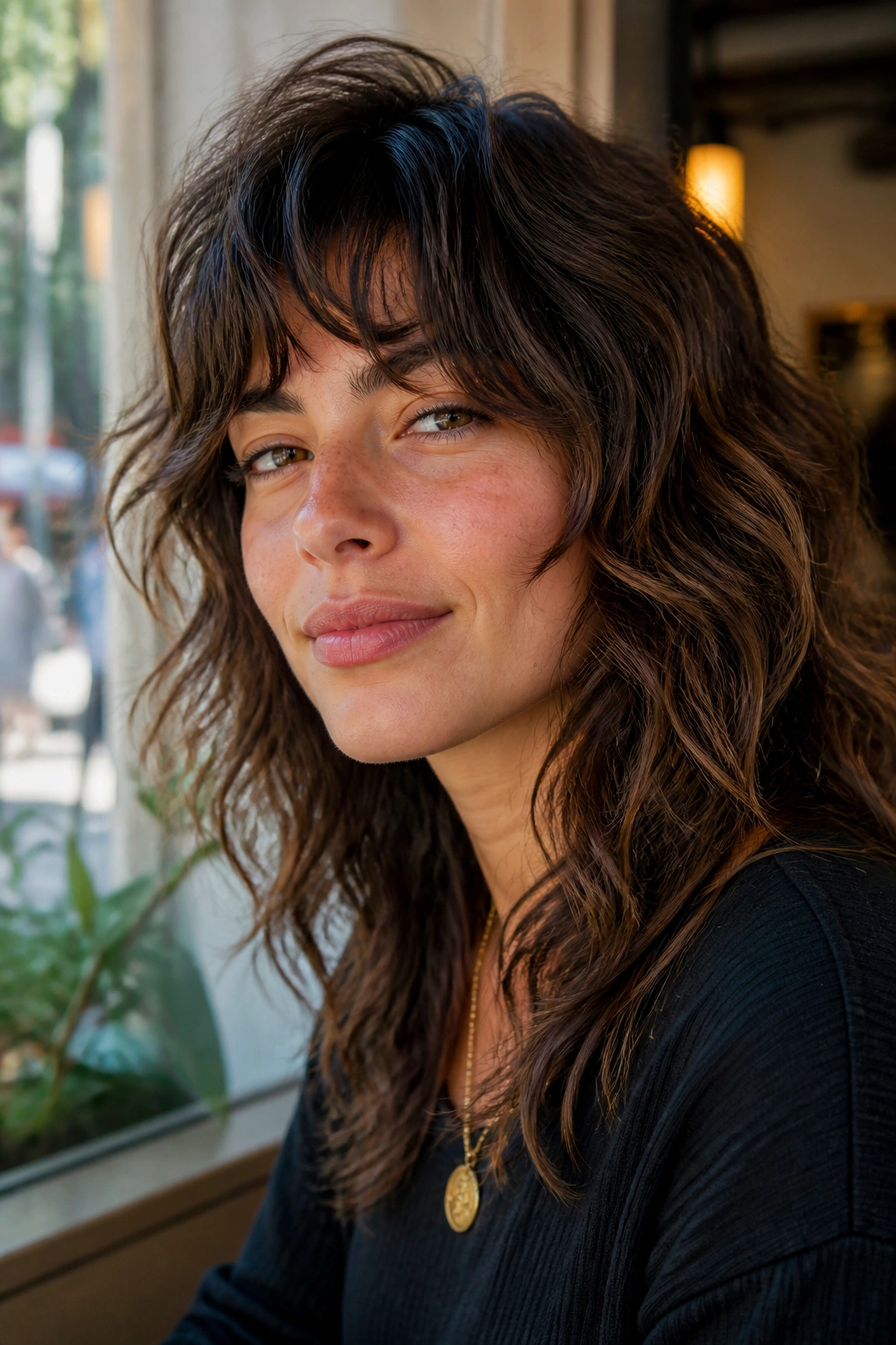 Portrait of a real woman with a softer wolf shag hairstyle in natural light.