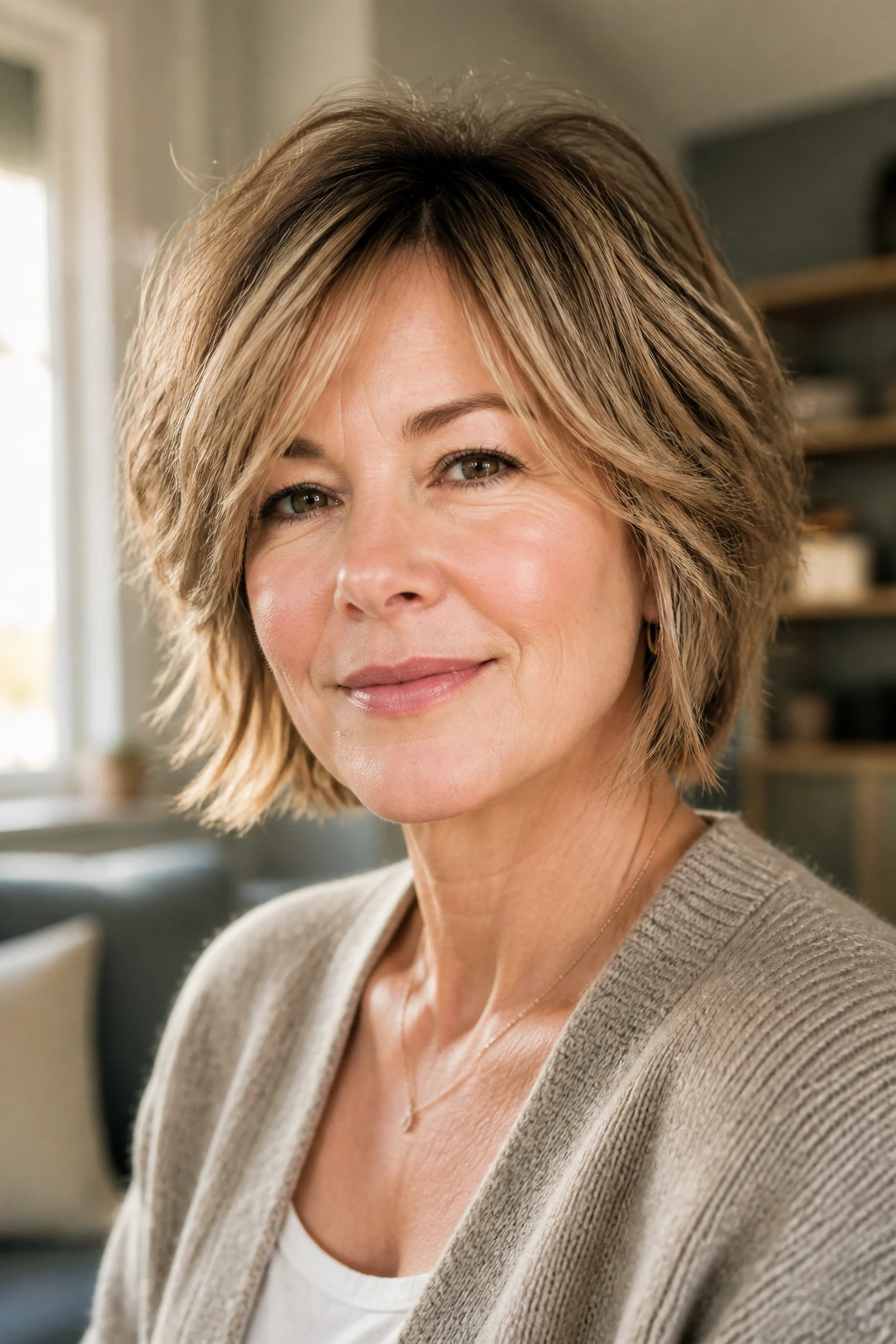 Close-up of a real woman with a chin-length soft layered haircut and feathered layers.
