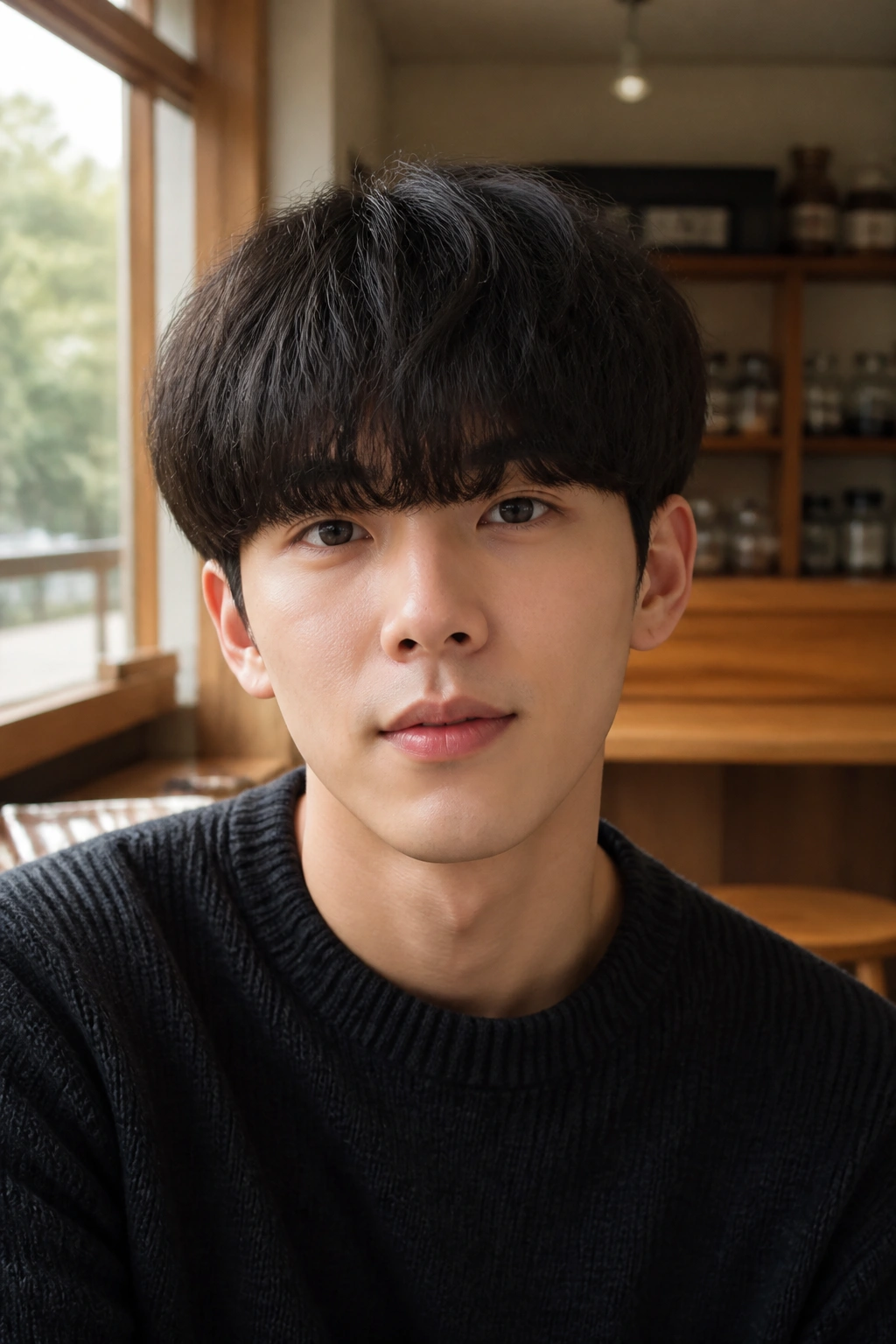 Man with soft layered bowl cut in a cafe setting.