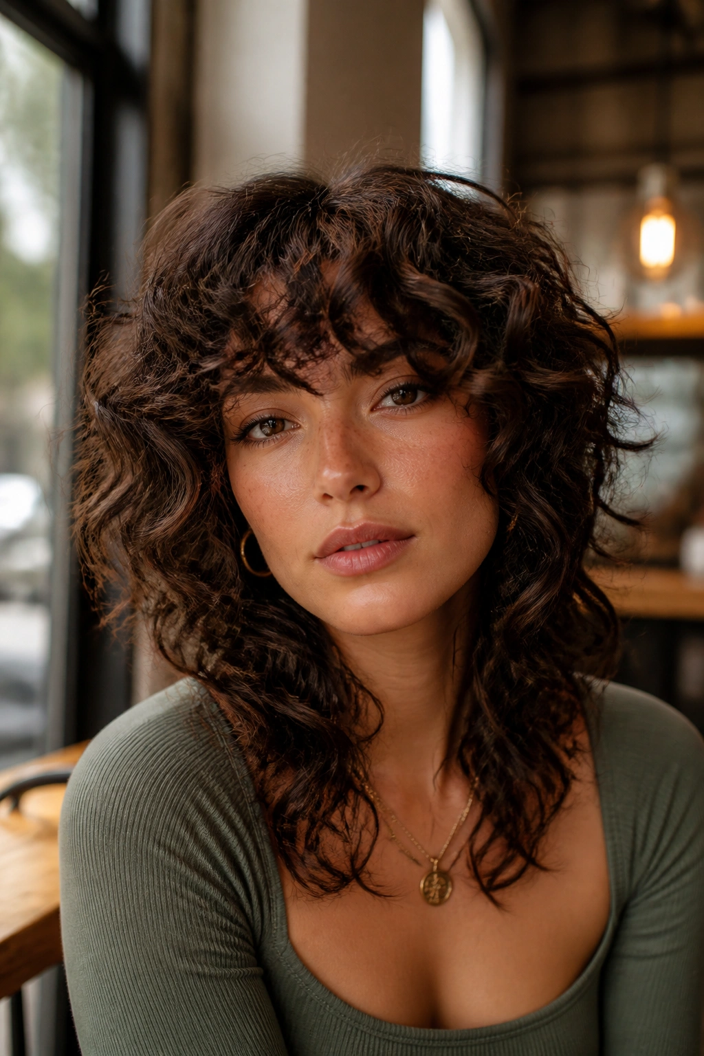 Close-up portrait of a real person with a softly broken curly wolf cut, relaxed layers and gentle texture
