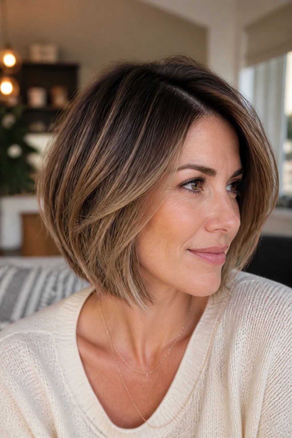 Close-up portrait of a real woman with a softly disconnected side-parted layered bob