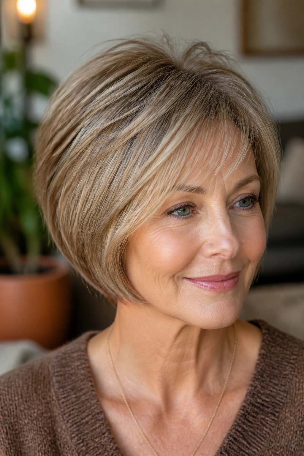 Close-up of a real woman with softly graduated crown bob and feathered top