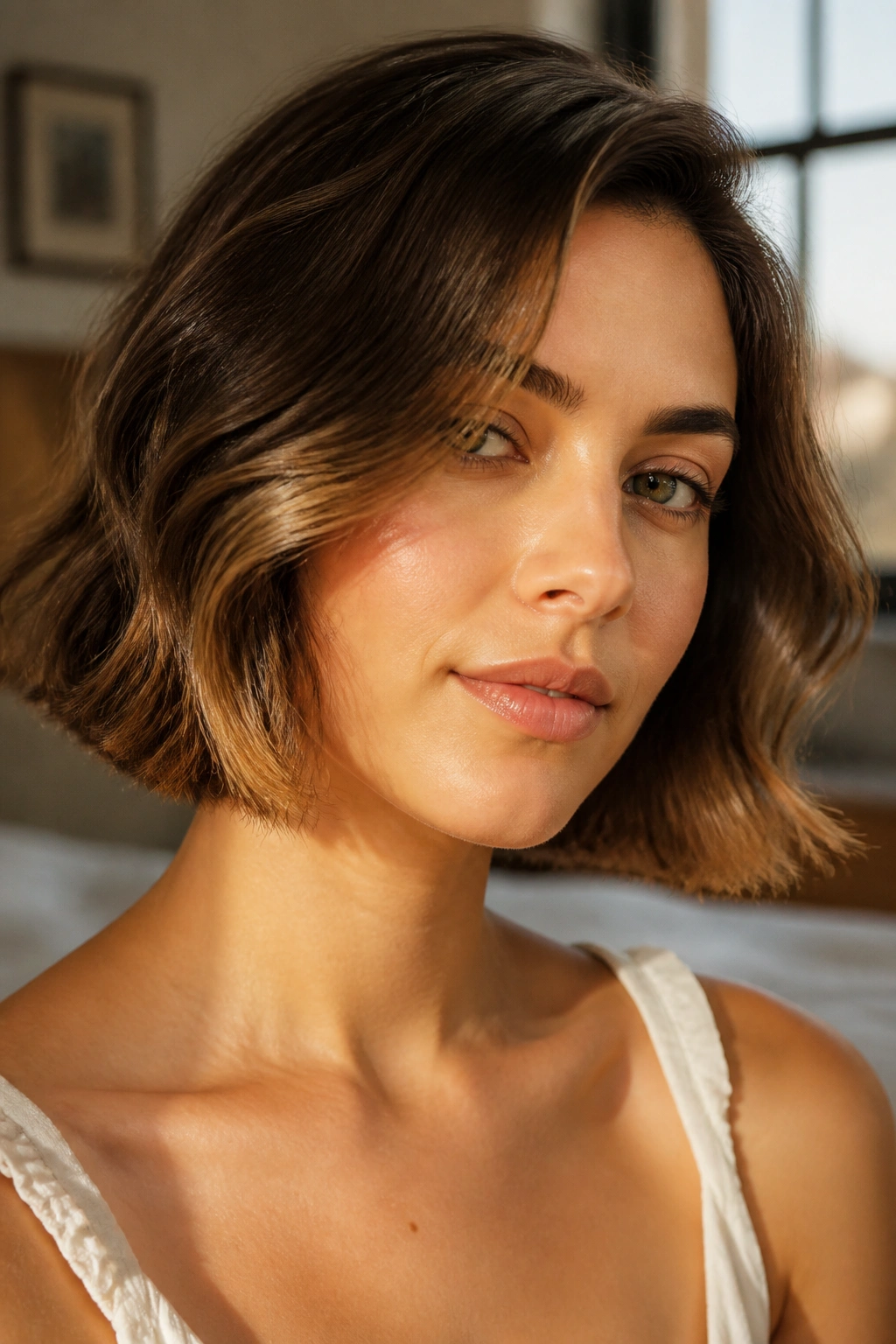 Close-up of a real woman with a softly smoothed wavy bob