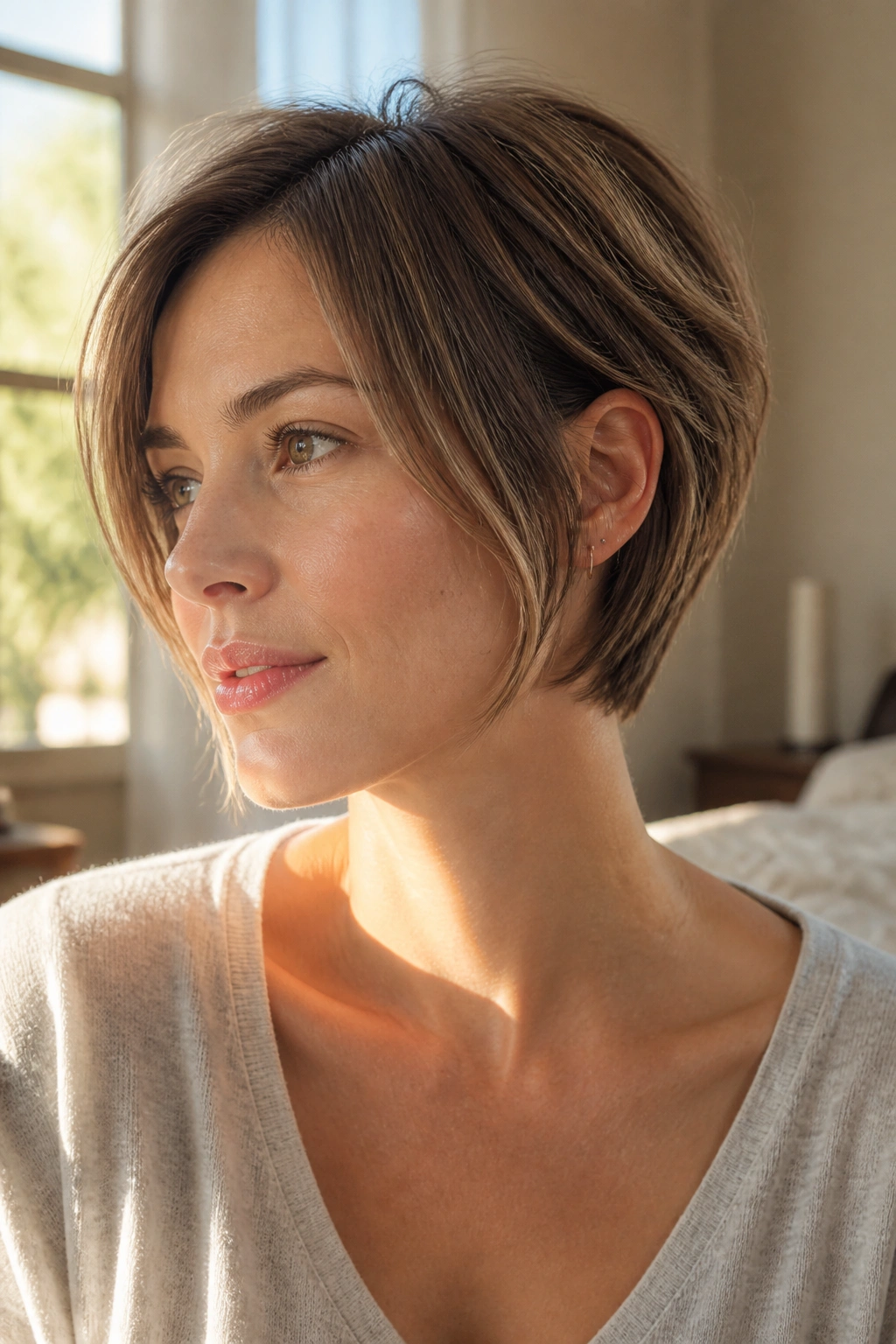 Close-up of a real woman with softly stacked long pixie bob, nape stack and cheekbone framing.