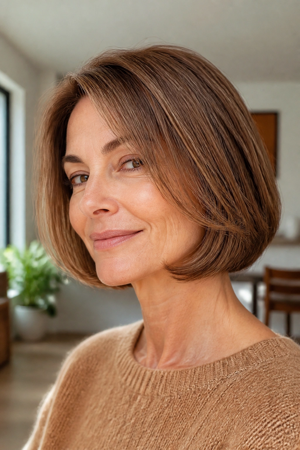 Close-up of a real woman with a softly tapered bob and gentle neck contour