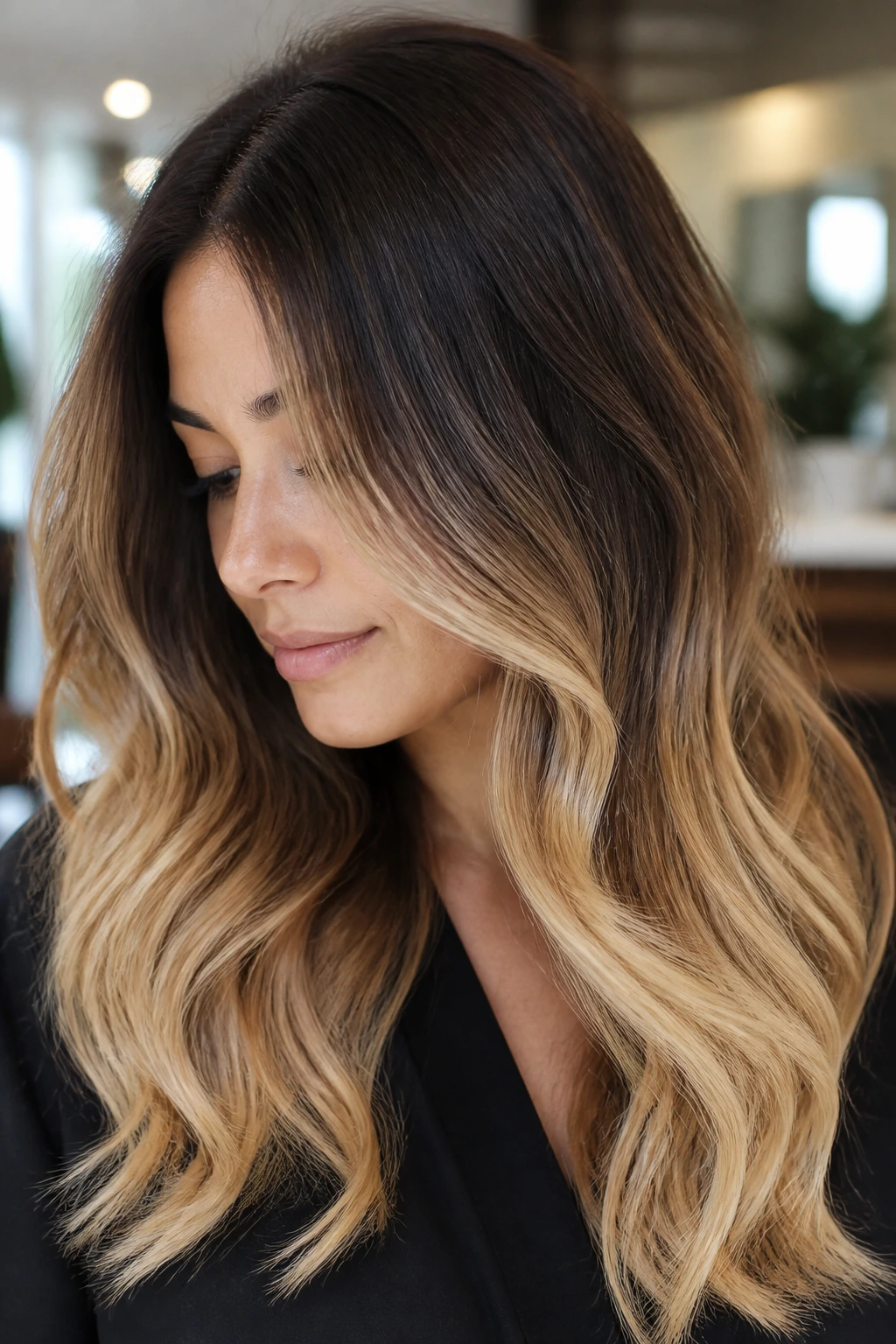 Medium close-up portrait of a real woman with espresso-to-blonde sombré gradient hair