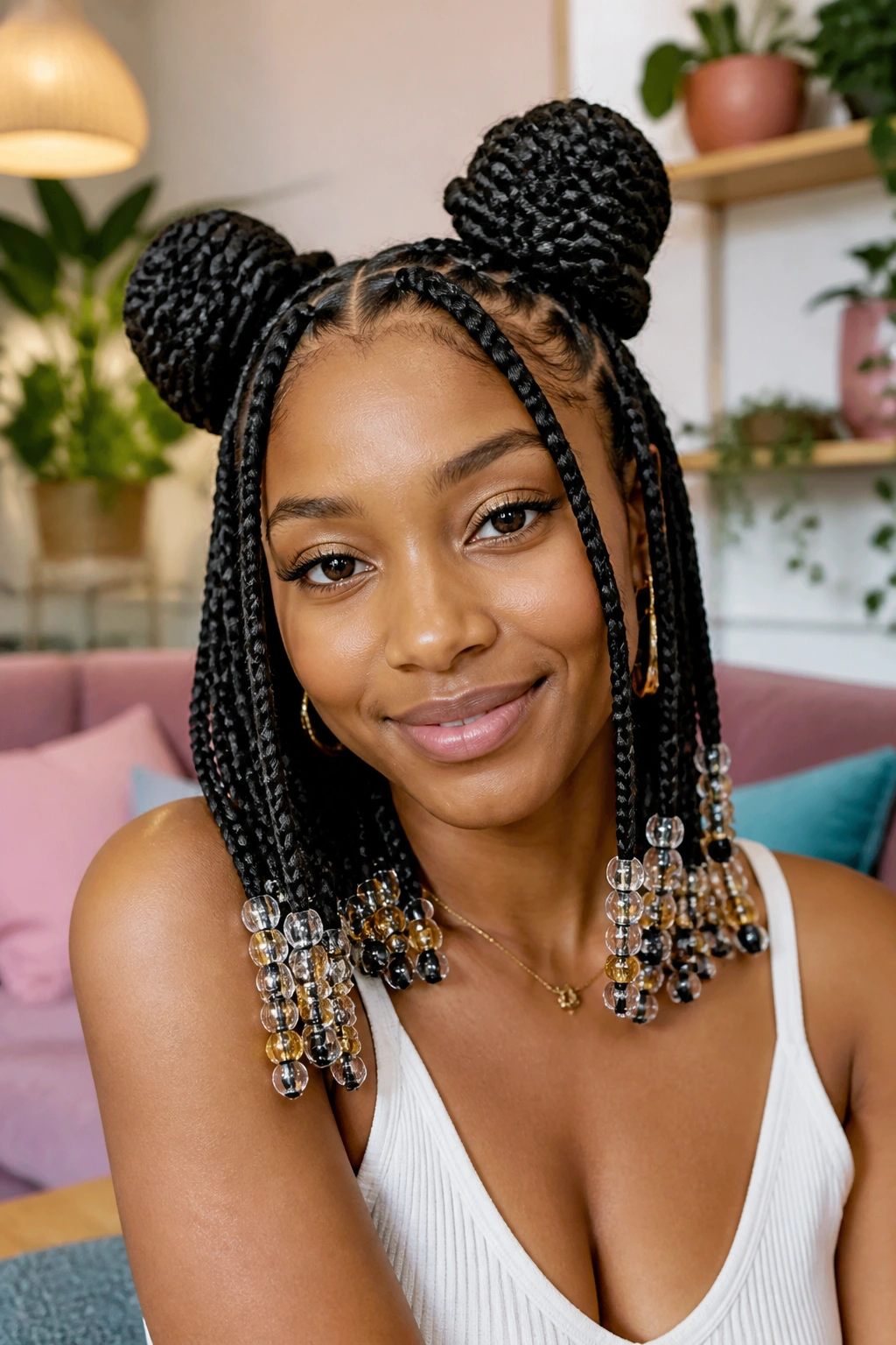Close-up of a real woman with space-bun box braids and hanging beads