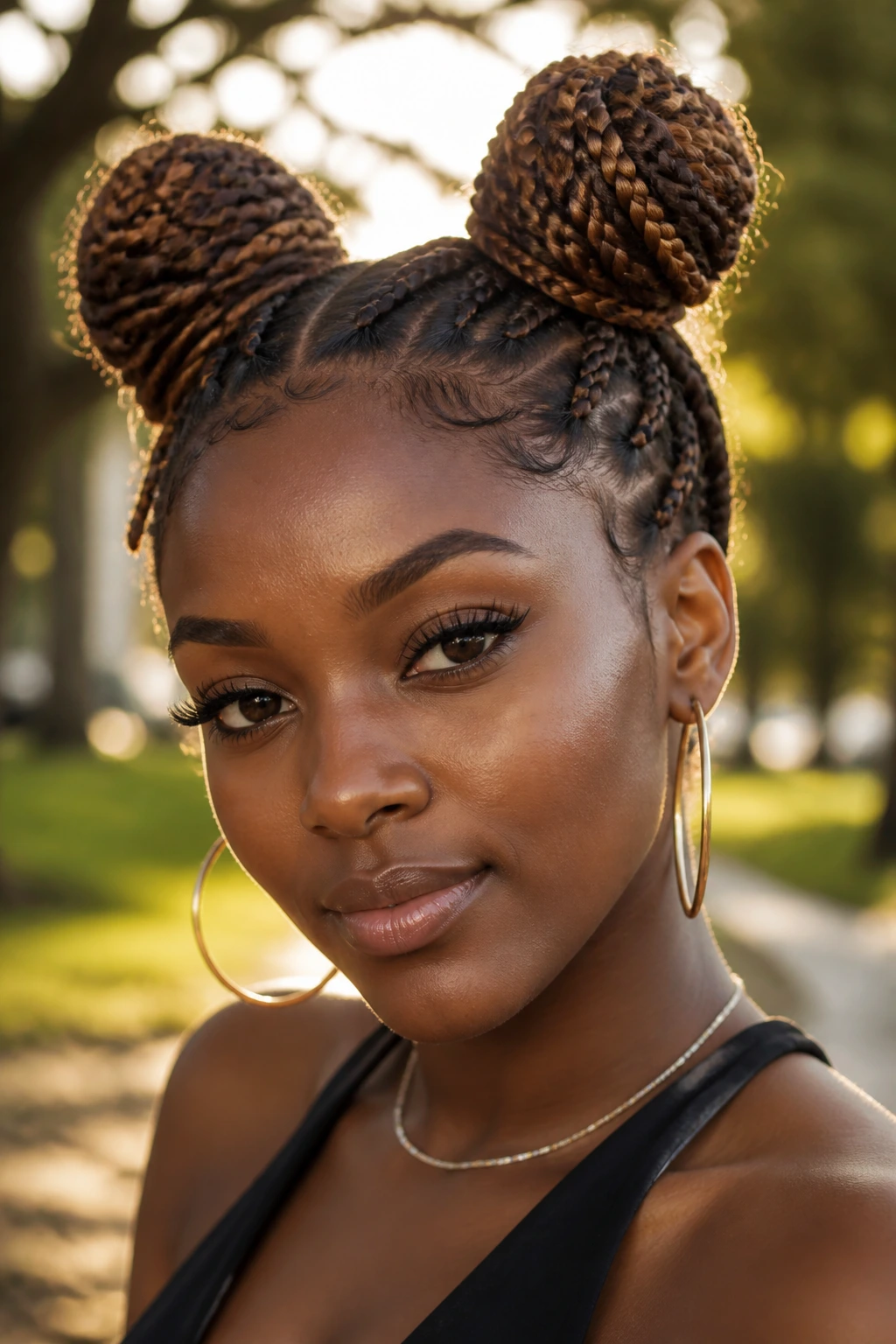 Close-up of a real woman with space bun braids in a golden-hour outdoor setting