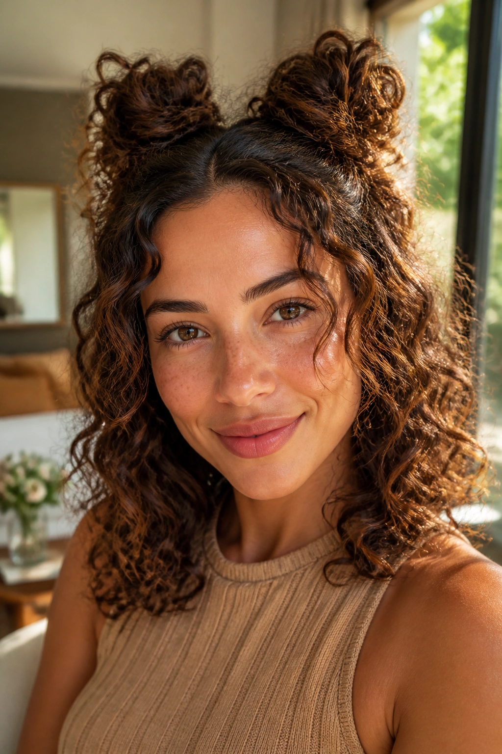 Close-up of two loose space buns on a curly shoulder-length hairstyle