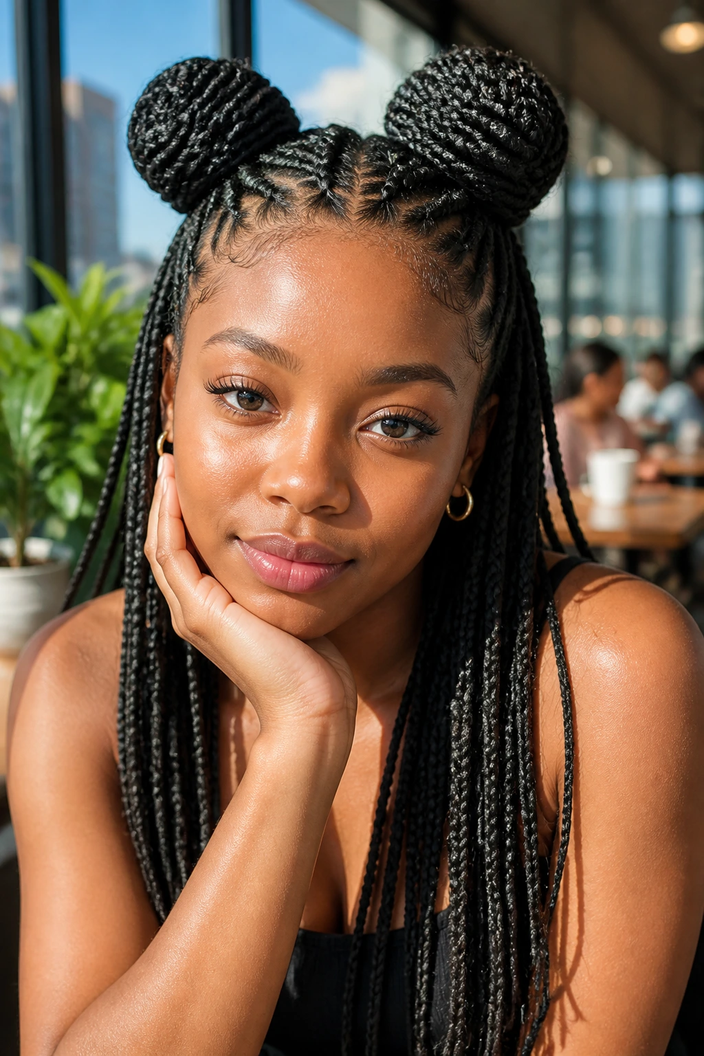 Close-up of a real woman with space-bun micro braids in a sunny cafe setting