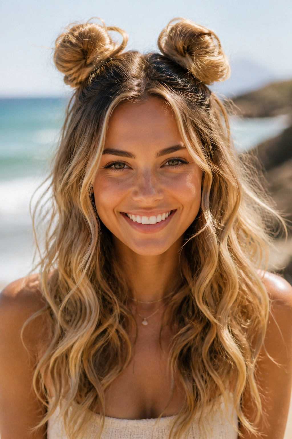 Woman with space buns and loose beachy waves outdoors in daylight