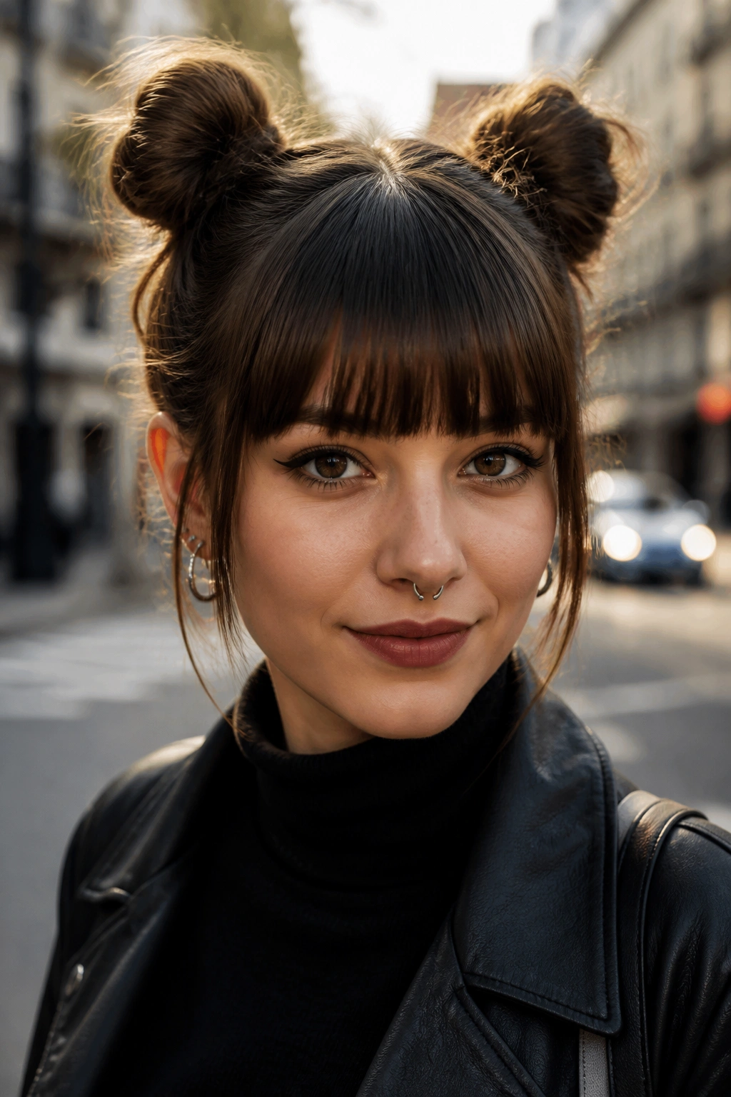 Real person with space buns and blunt bangs in urban morning light