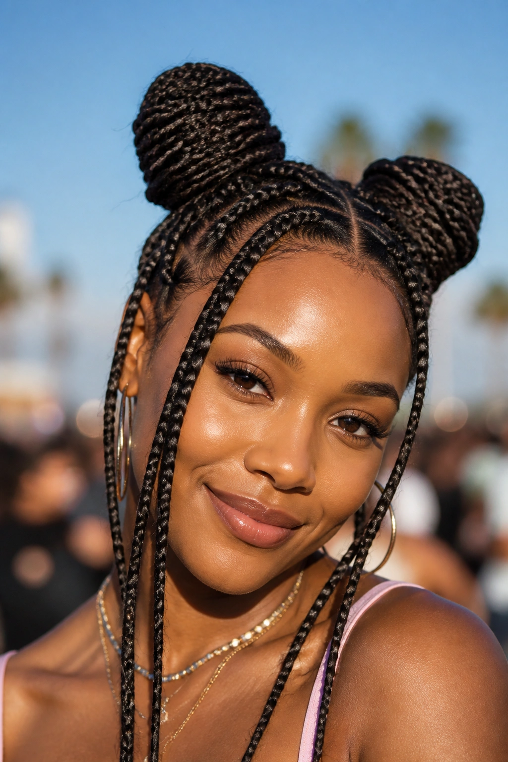 Close-up of a real woman with space buns made from box braids outdoors