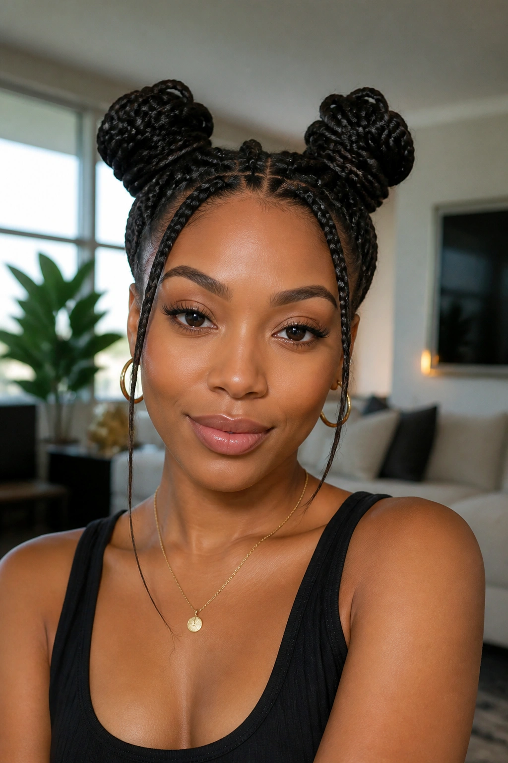 Front view of a real woman with braided space buns on top of the head