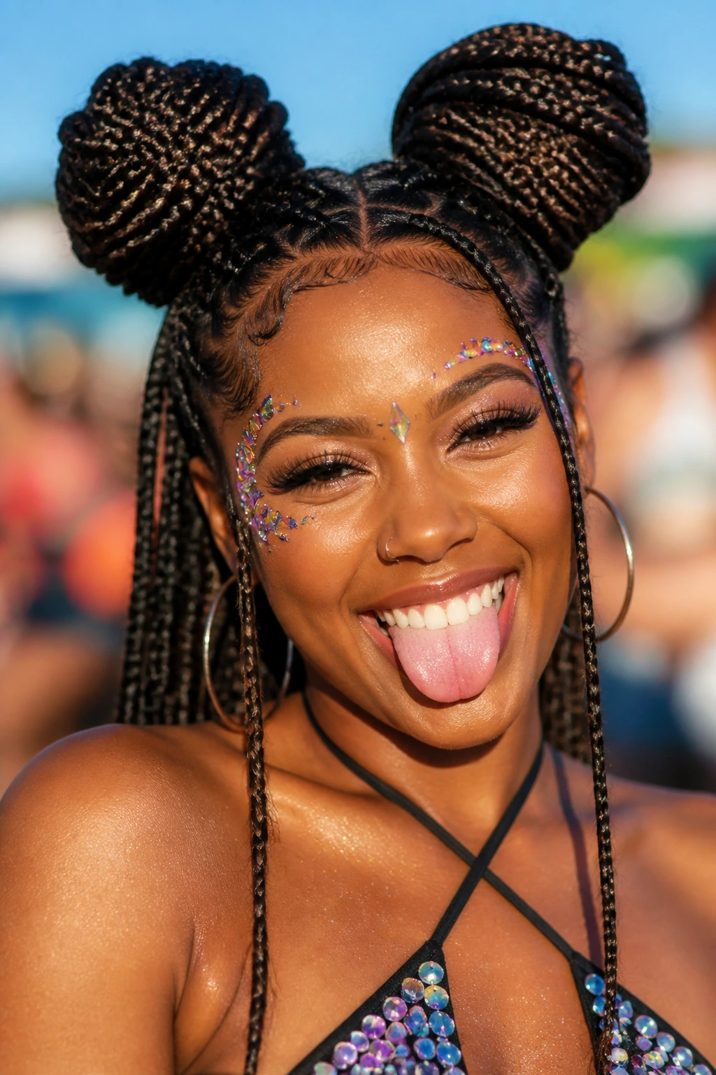 Close-up of a person with space buns and braids at an outdoor festival
