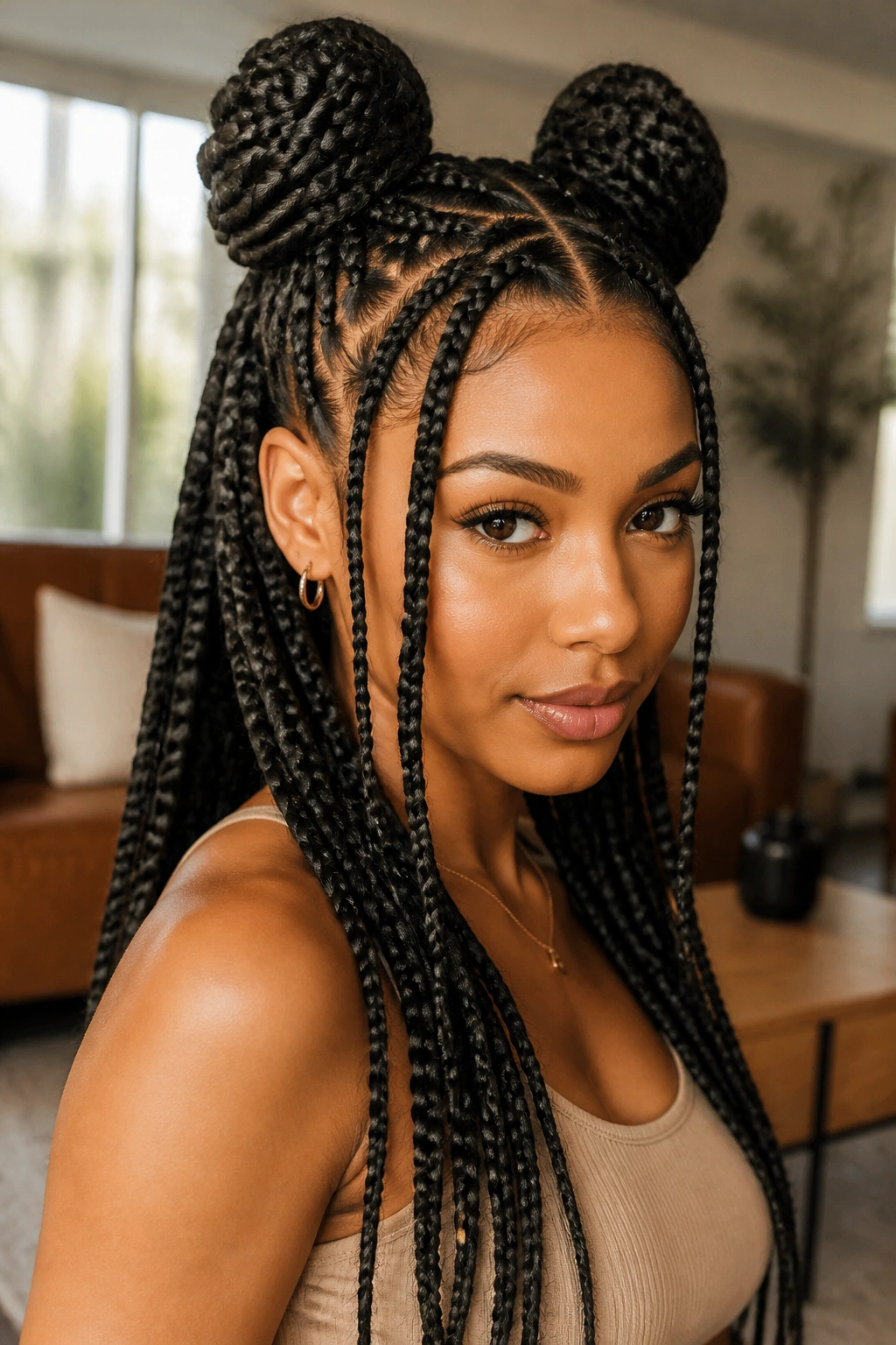 Close-up portrait of a real person wearing space buns and long hanging braids.