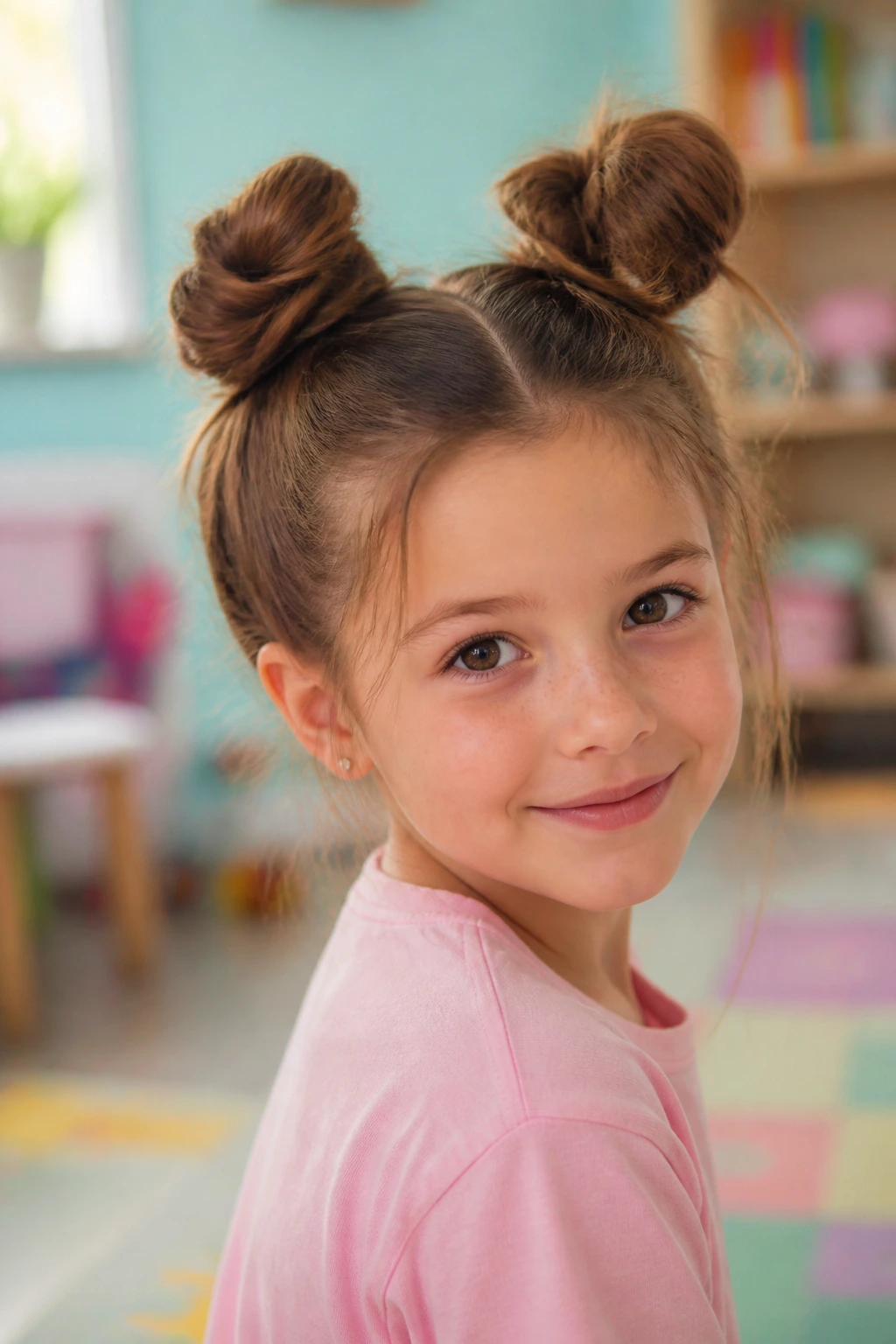 Close-up of a real child with two space buns hairstyle