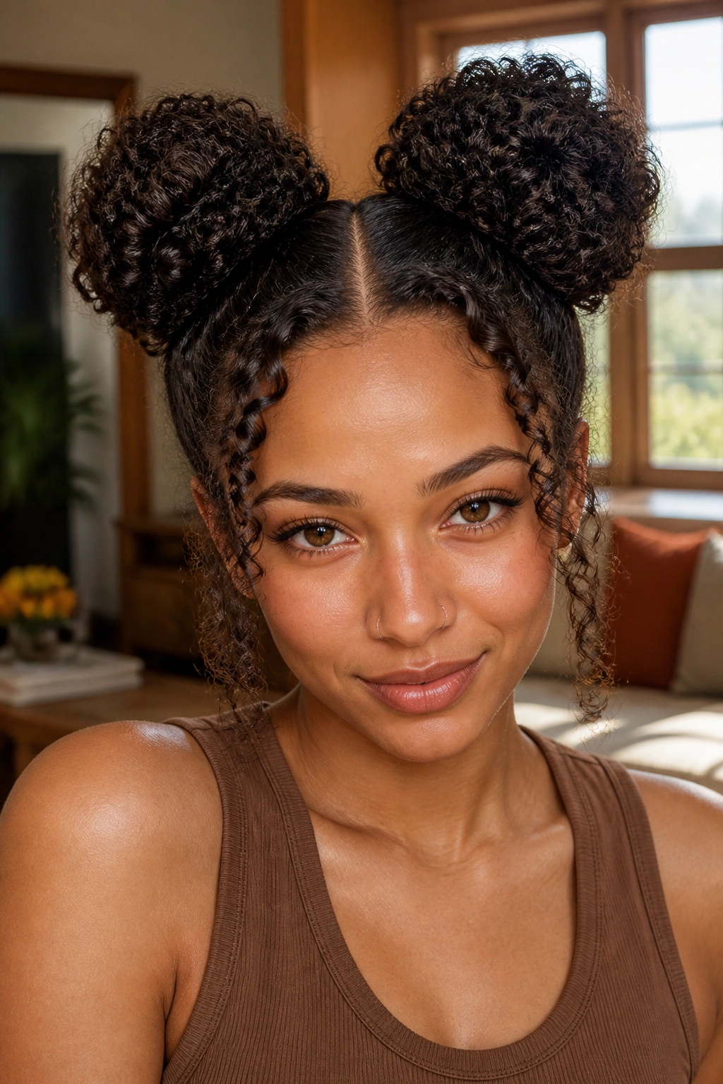 Close-up portrait of a real woman with space buns on tight curls