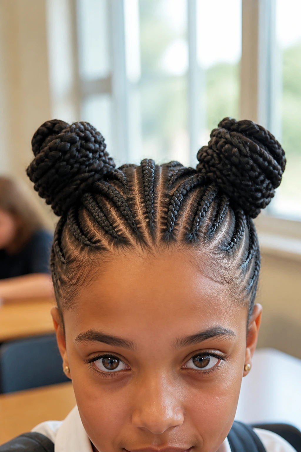 Teen girl with cornrow base and space buns hairstyle