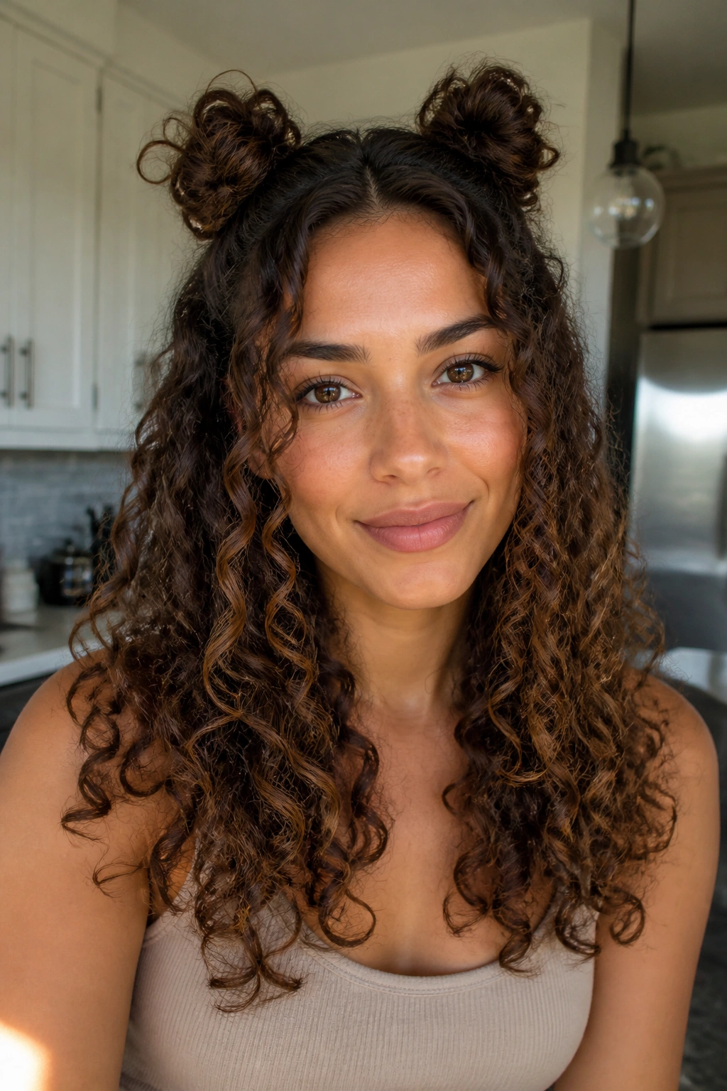 Portrait of a real person with space buns and loose curls
