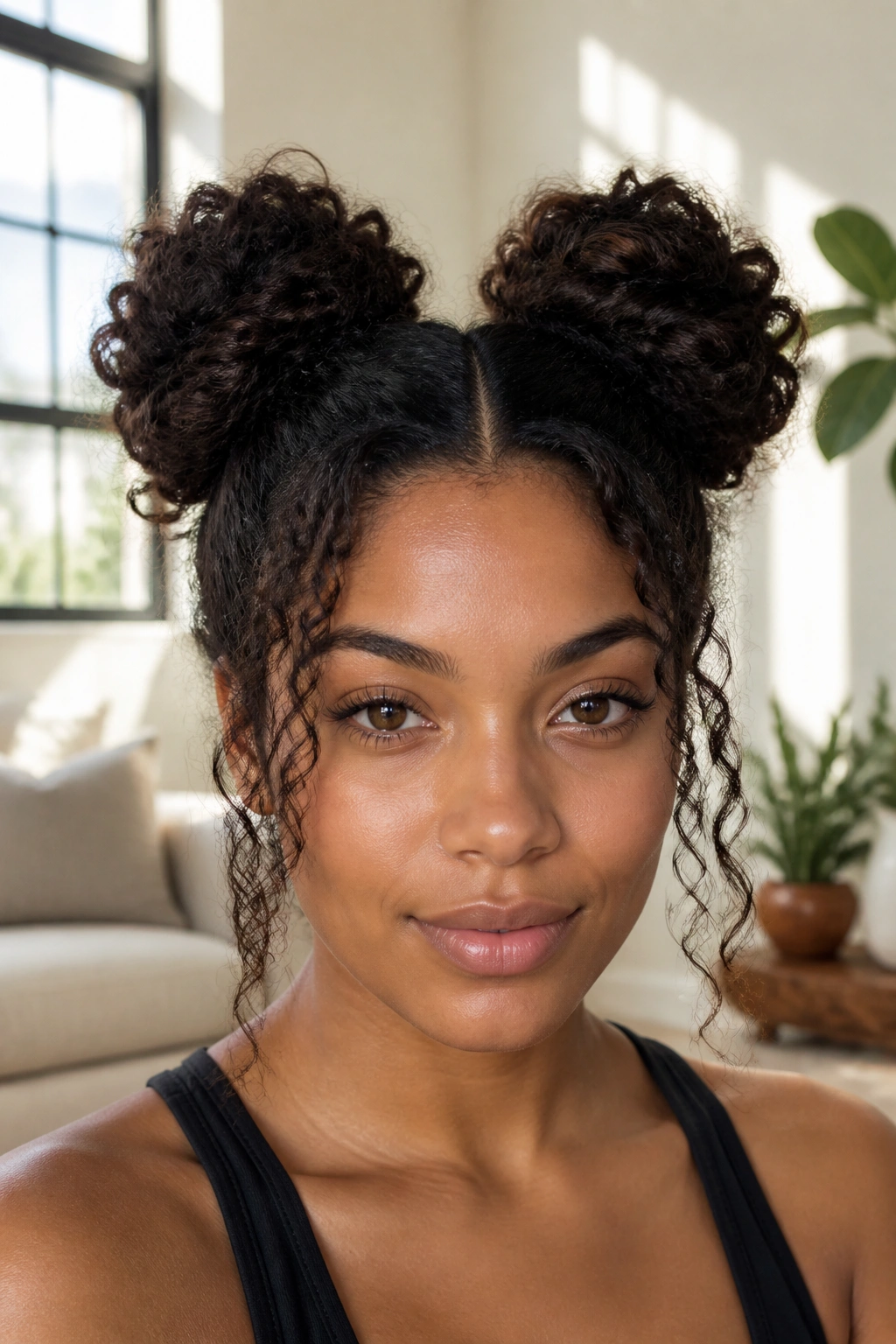 Close-up of a real person with two space buns on thick curly hair in a sunlit room